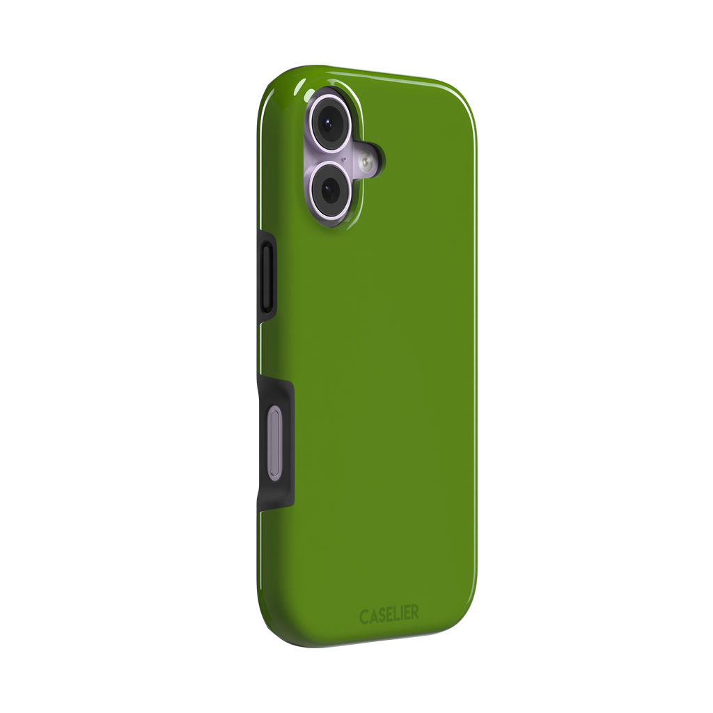 Solid chartreuse green phone case with smooth matte finish, front view on iPhone, phone case by Caselier — tough case, left view