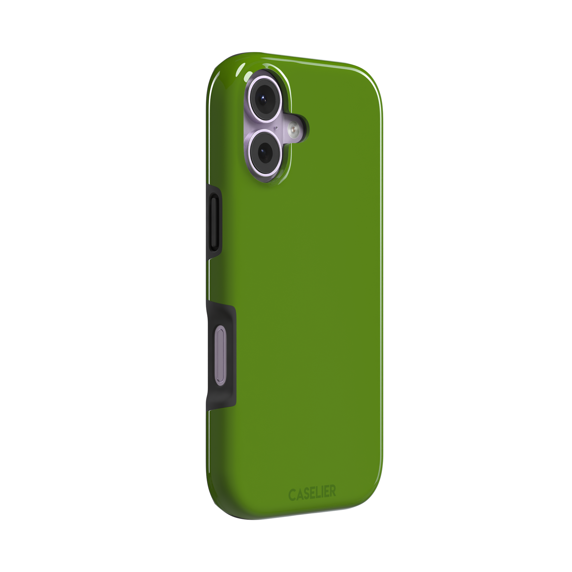 Solid chartreuse green phone case with smooth matte finish, front view on iPhone, phone case by Caselier — tough case, left view
