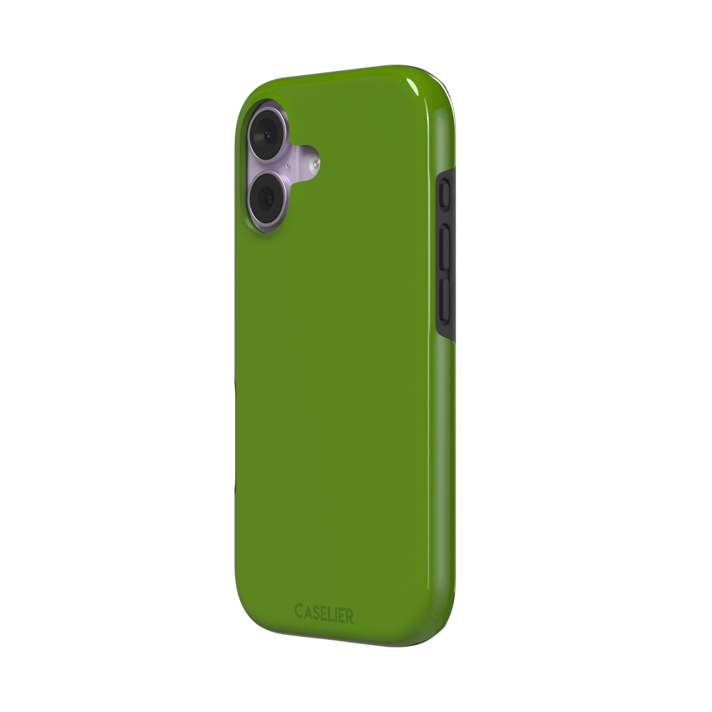 Solid chartreuse green phone case with smooth matte finish, front view on iPhone, phone case by Caselier — tough case, right view