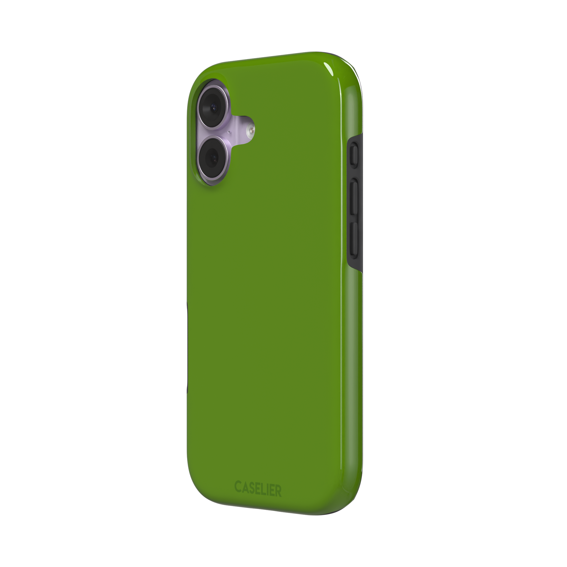 Solid chartreuse green phone case with smooth matte finish, front view on iPhone, phone case by Caselier — tough case, right view