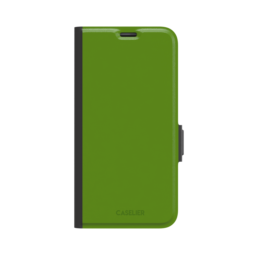 Solid chartreuse green phone case with smooth matte finish, front view on iPhone, phone case by Caselier — wallet case, front view