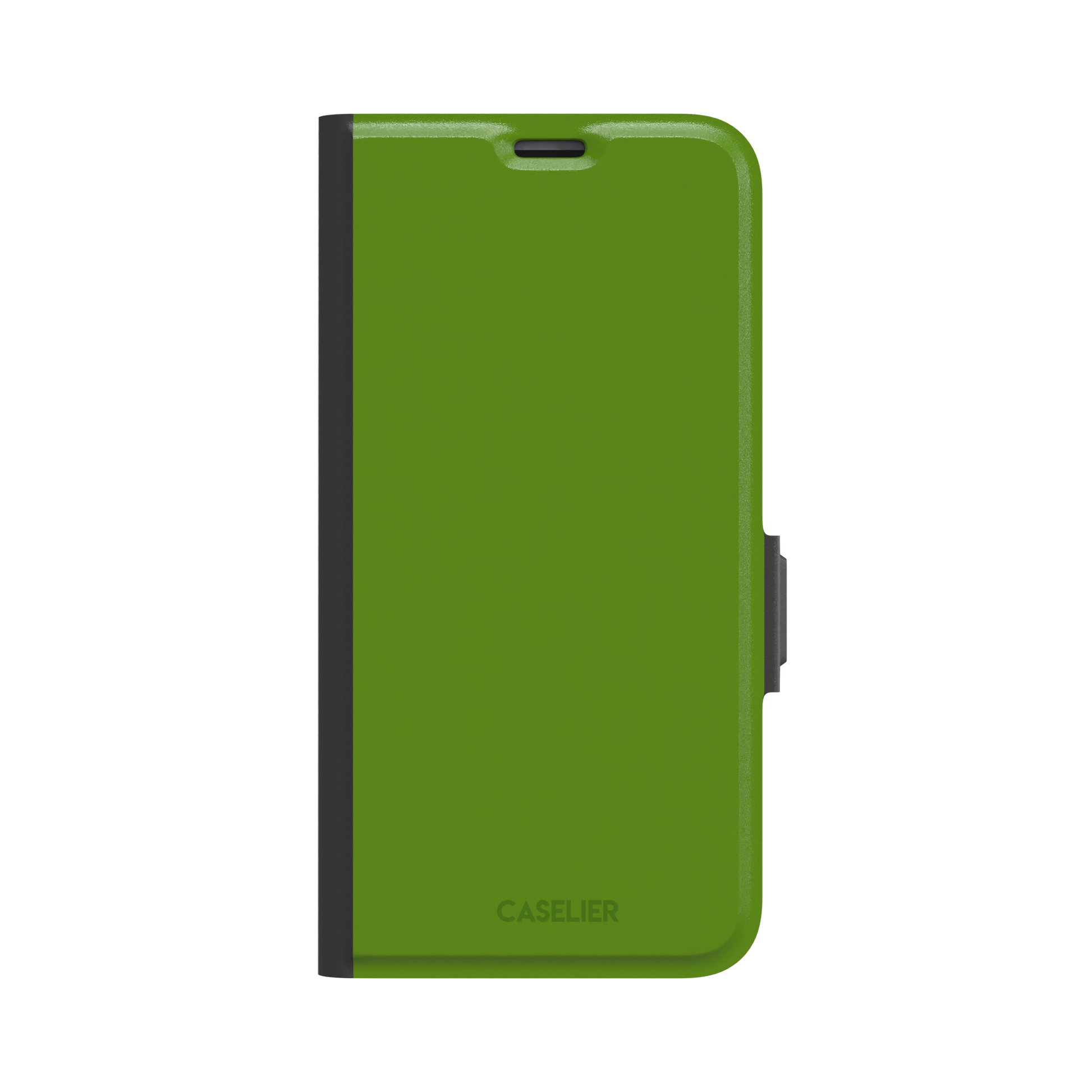 Solid chartreuse green phone case with smooth matte finish, front view on iPhone, phone case by Caselier — wallet case, front view