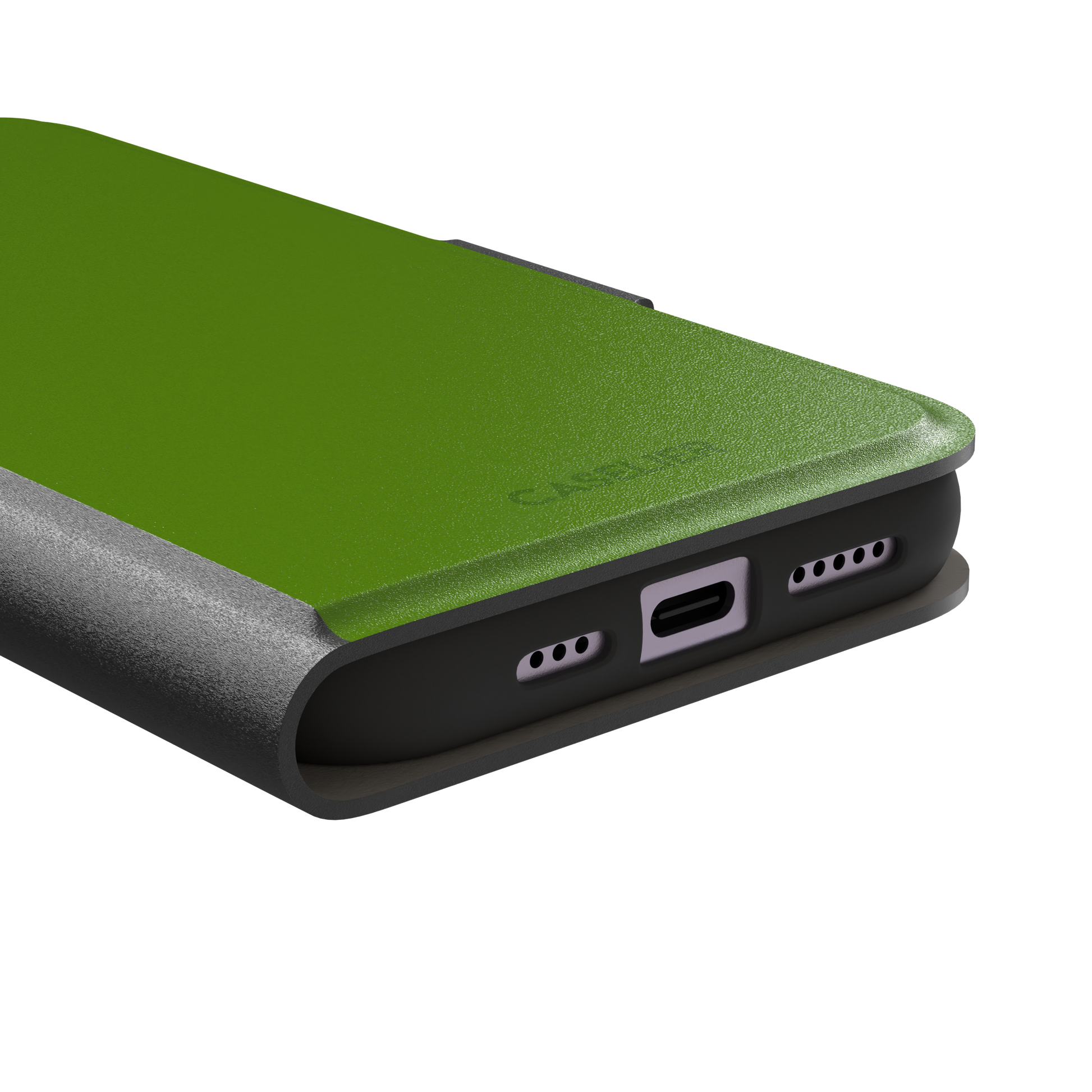 Solid chartreuse green phone case with smooth matte finish, front view on iPhone, phone case by Caselier — wallet case, charging port detail