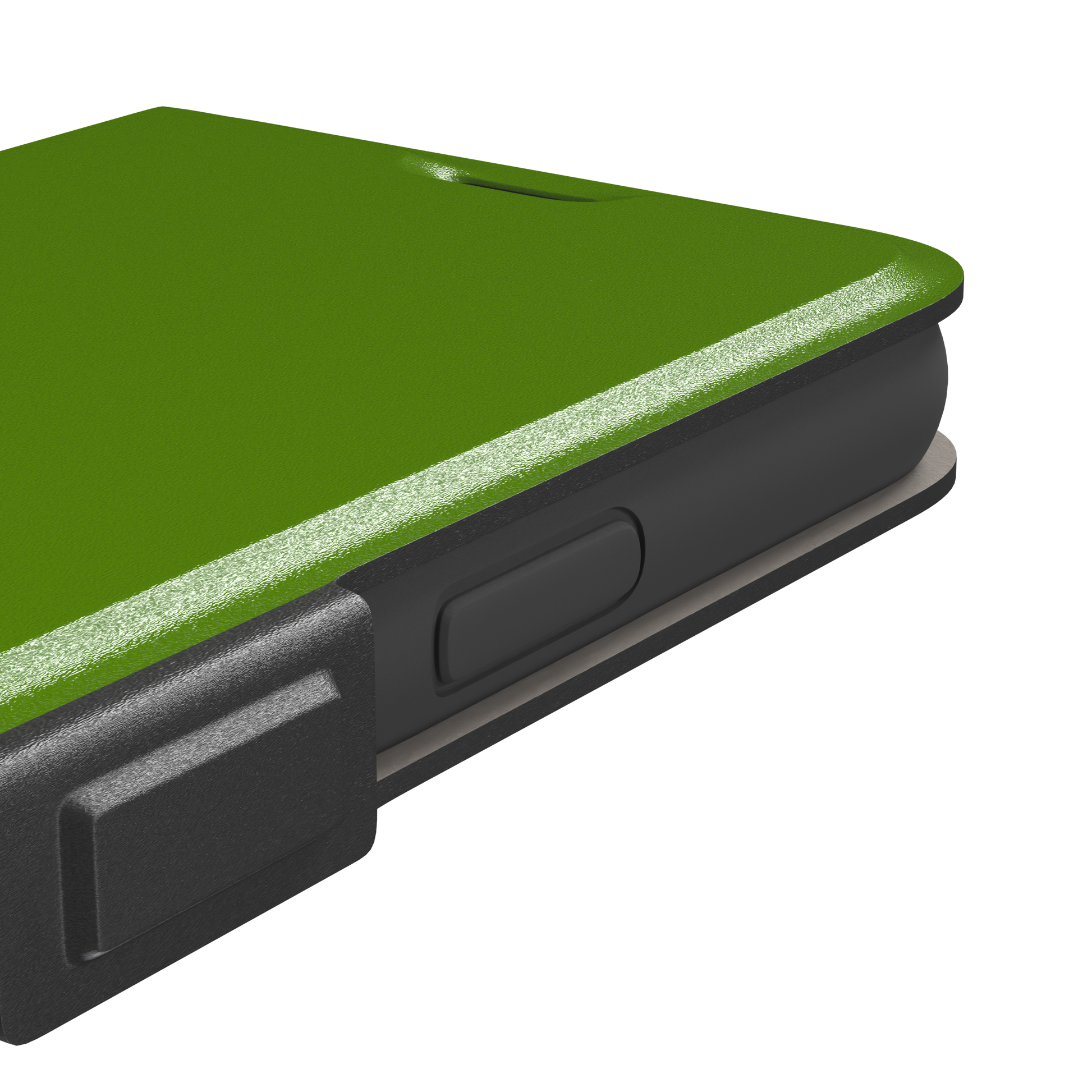 Solid chartreuse green phone case with smooth matte finish, front view on iPhone, phone case by Caselier — wallet case, volume buttons detail