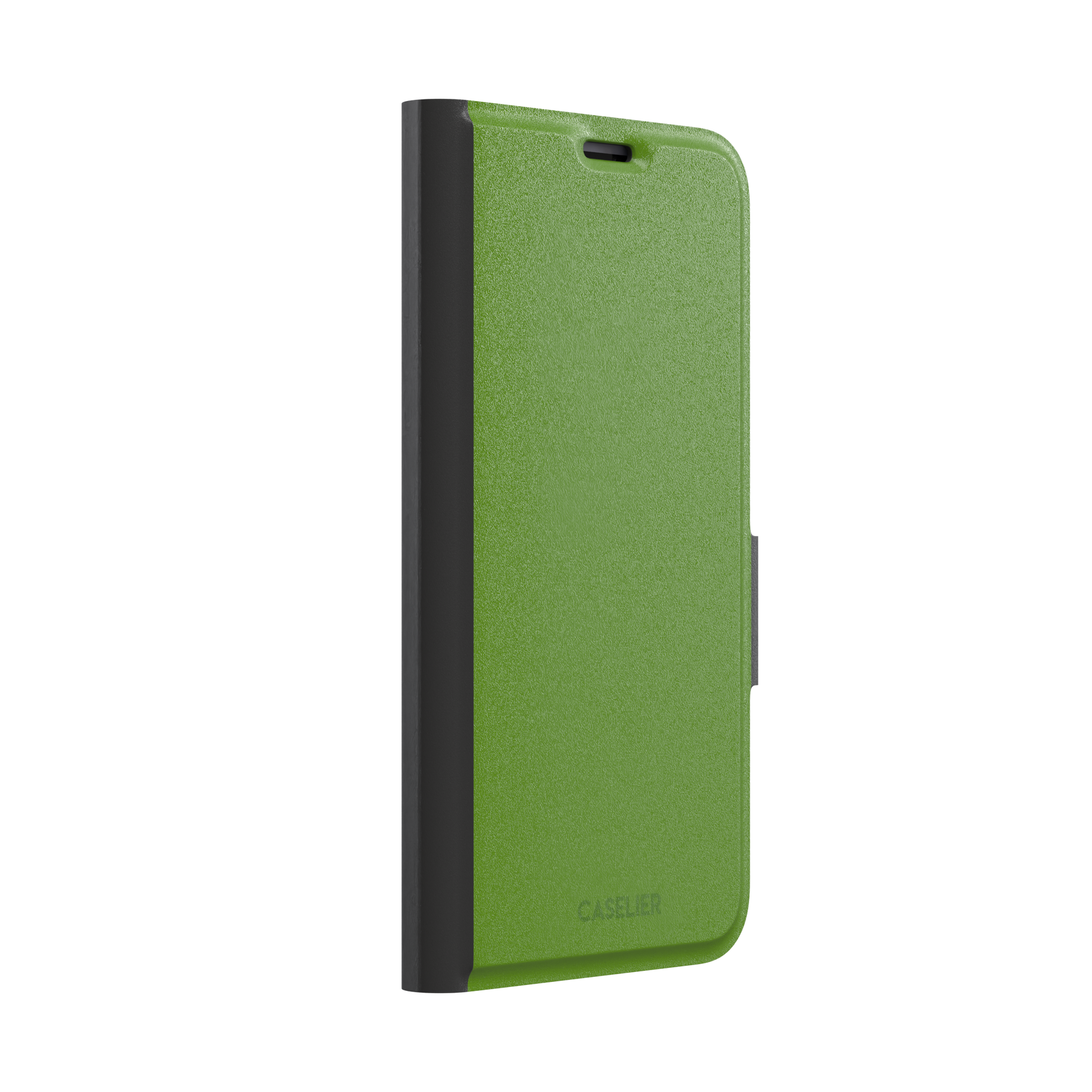 Solid chartreuse green phone case with smooth matte finish, front view on iPhone, phone case by Caselier — wallet case, left view