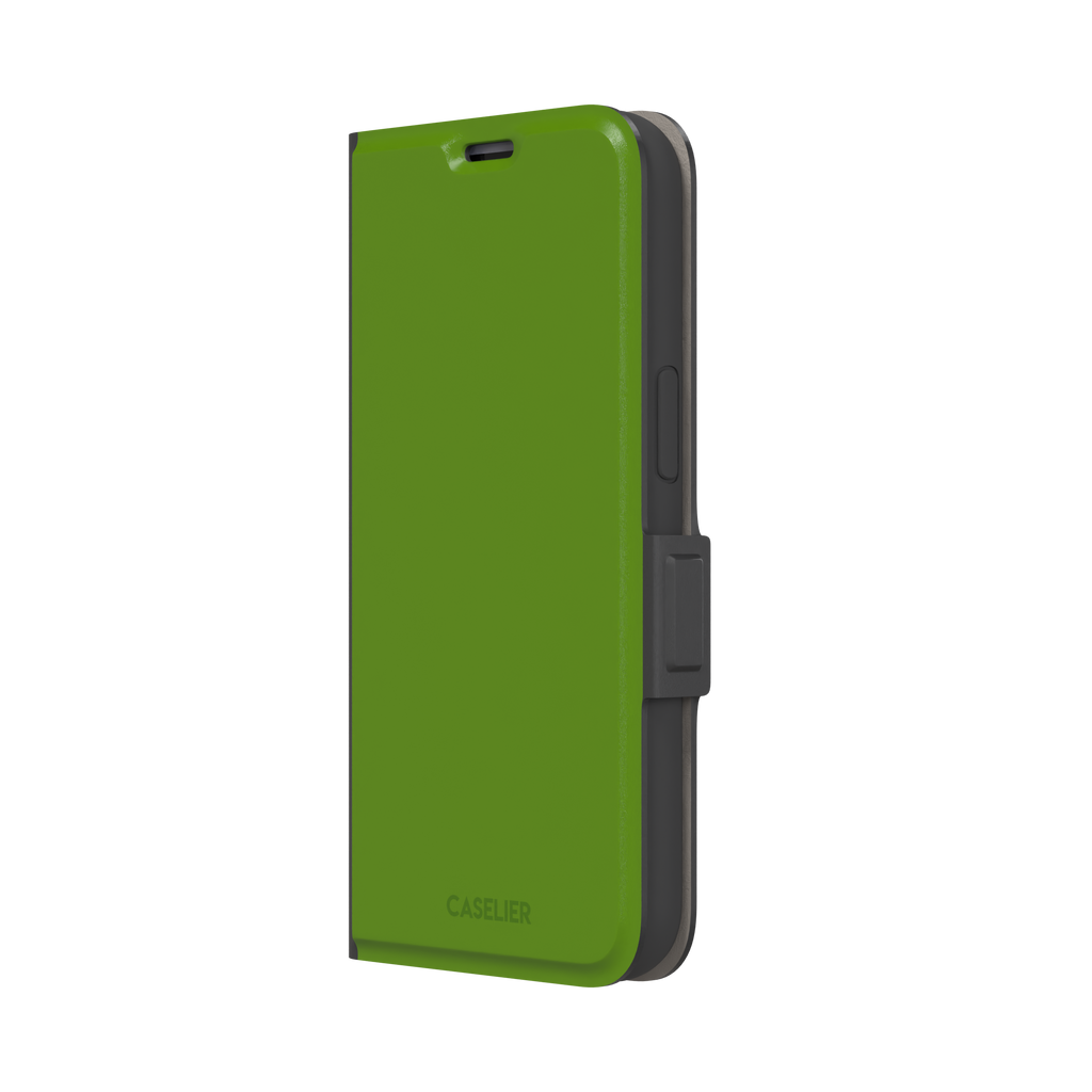 Solid chartreuse green phone case with smooth matte finish, front view on iPhone, phone case by Caselier — wallet case, right view
