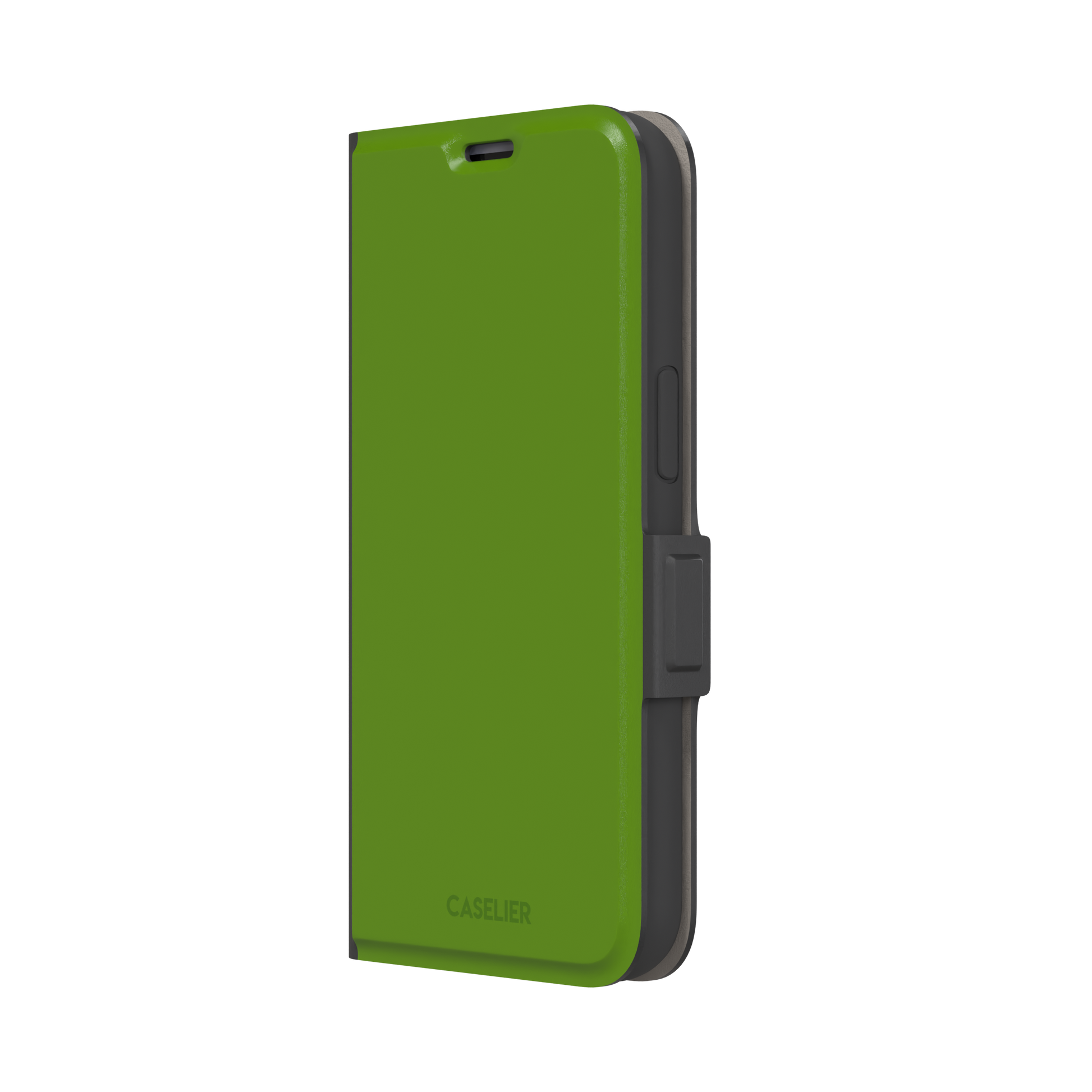 Solid chartreuse green phone case with smooth matte finish, front view on iPhone, phone case by Caselier — wallet case, right view