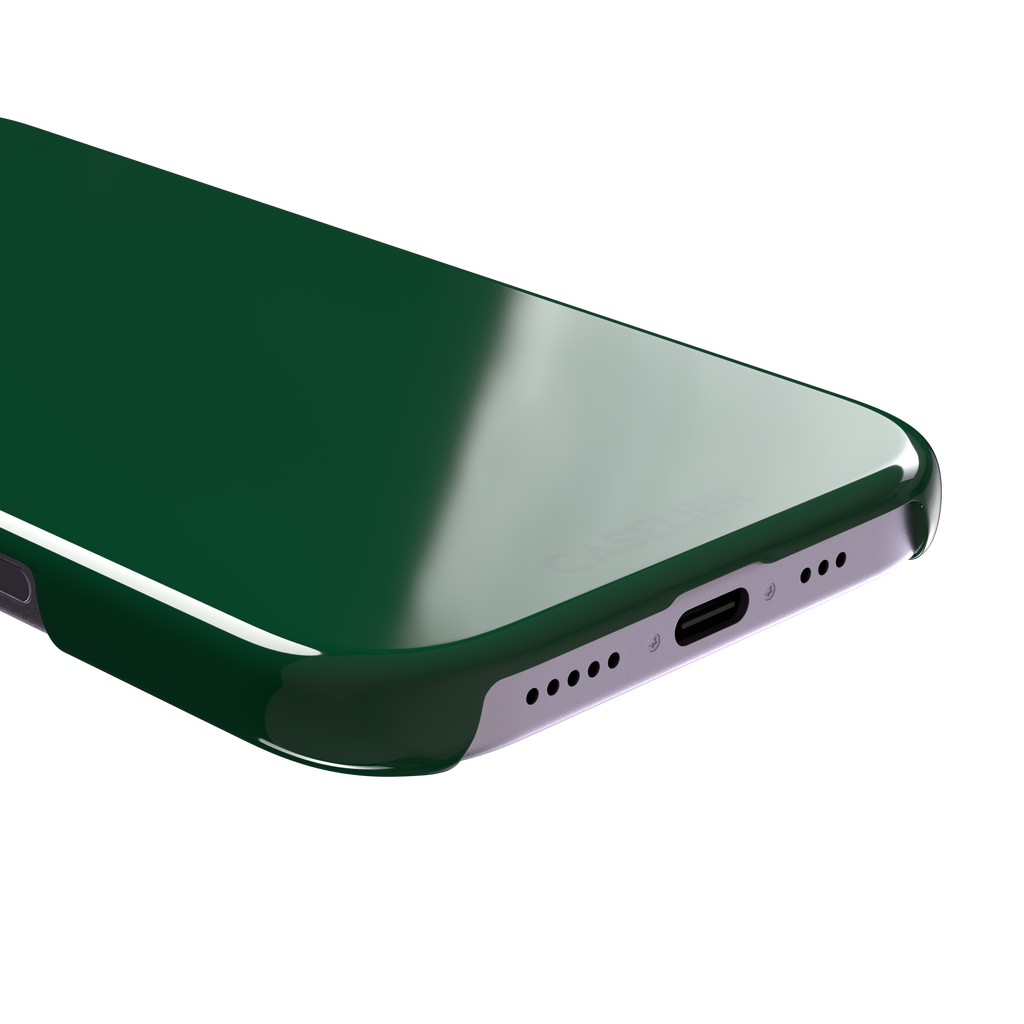 Solid deep forest green color variant of the green phone case, front view on iPhone, phone case by Caselier — snap case, charging port detail