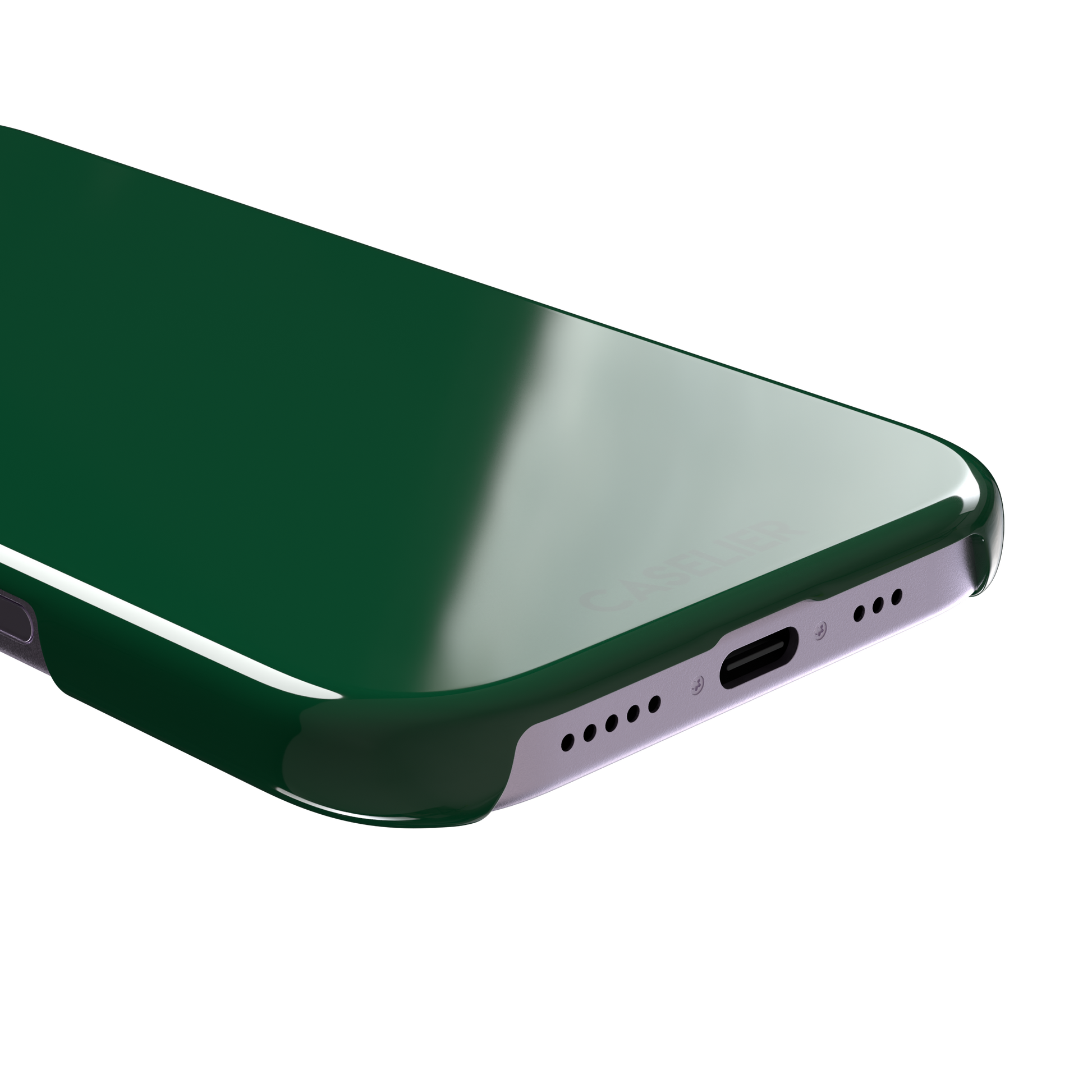 Solid deep forest green color variant of the green phone case, front view on iPhone, phone case by Caselier — snap case, charging port detail