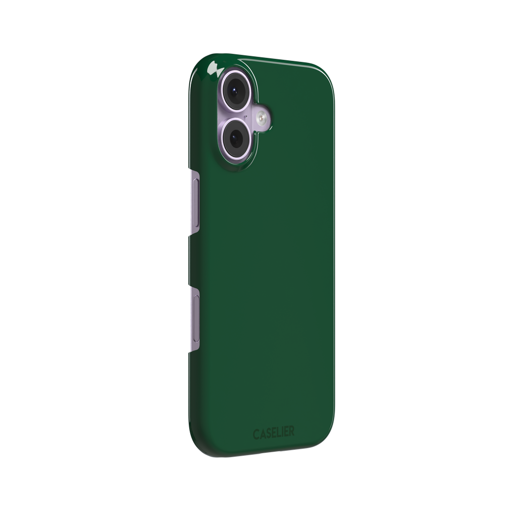 Solid deep forest green color variant of the green phone case, front view on iPhone, phone case by Caselier — snap case, left view