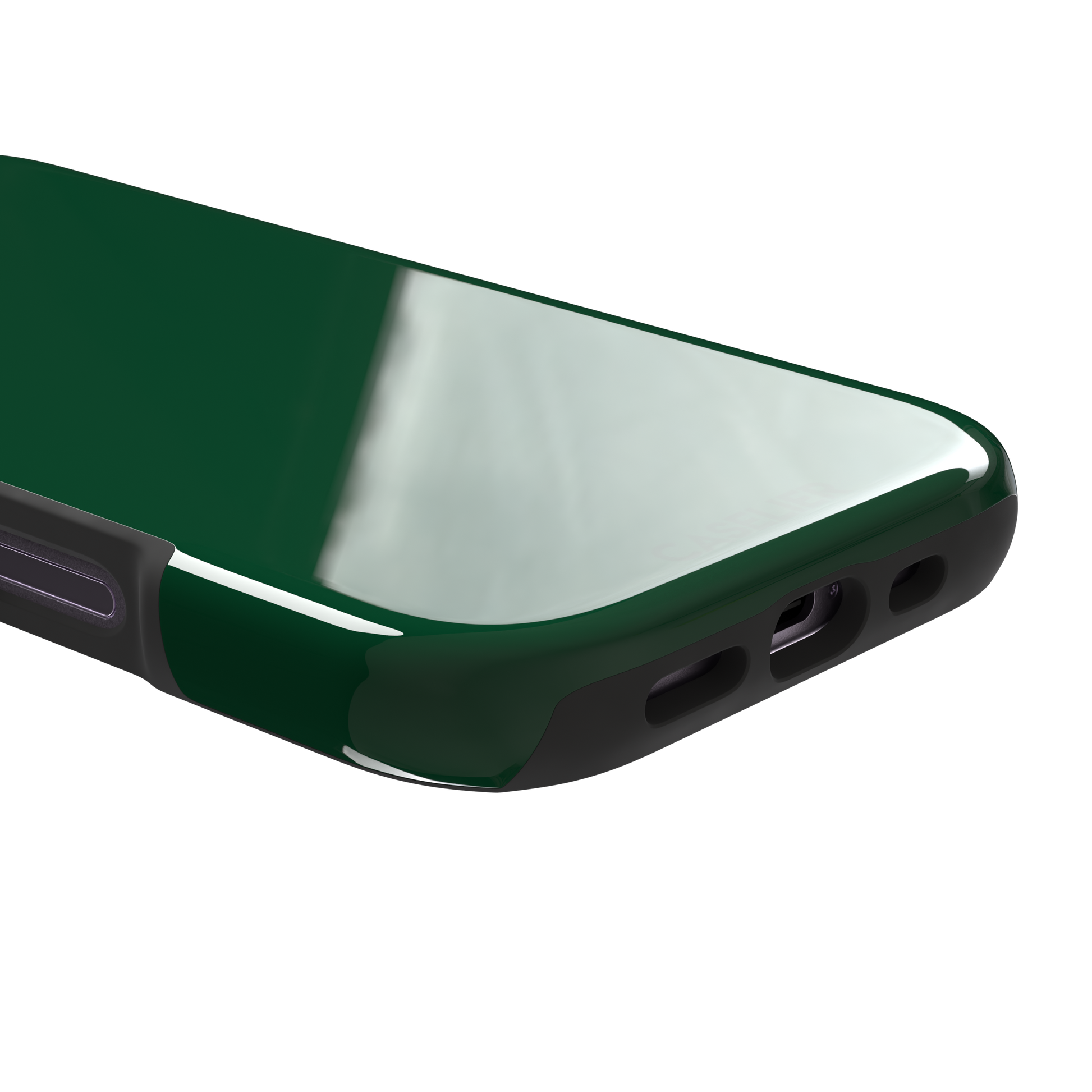 Solid deep forest green color variant of the green phone case, front view on iPhone, phone case by Caselier — tough case, charging port detail