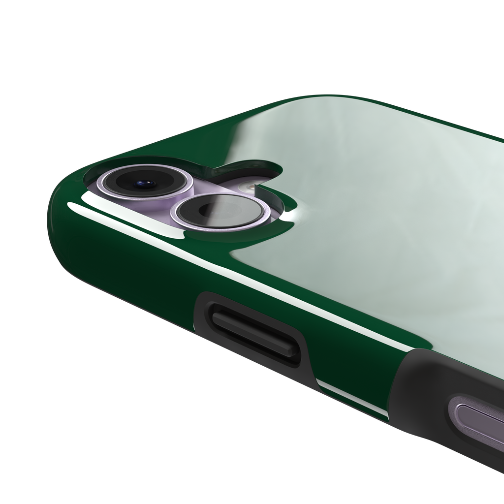 Solid deep forest green color variant of the green phone case, front view on iPhone, phone case by Caselier — tough case, volume buttons detail