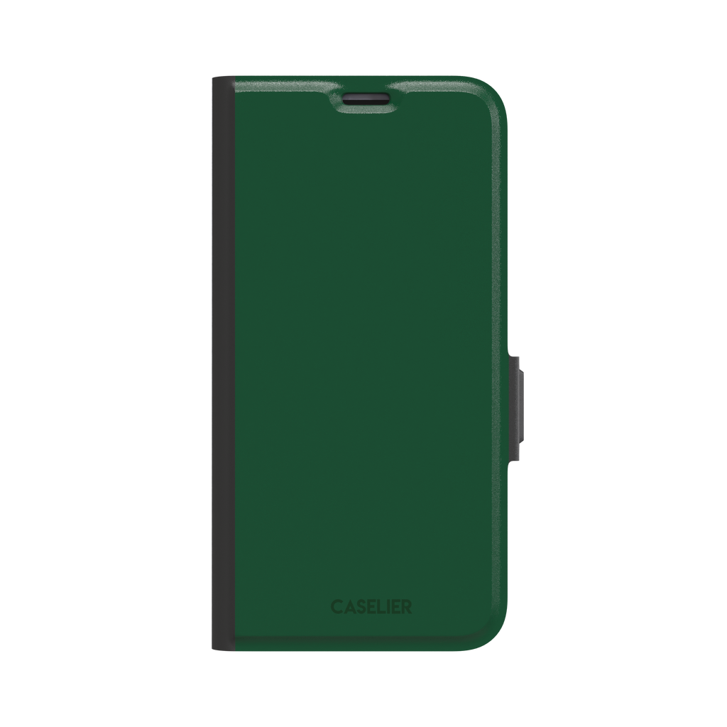 Solid deep forest green color variant of the green phone case, front view on iPhone, phone case by Caselier — wallet case, front view