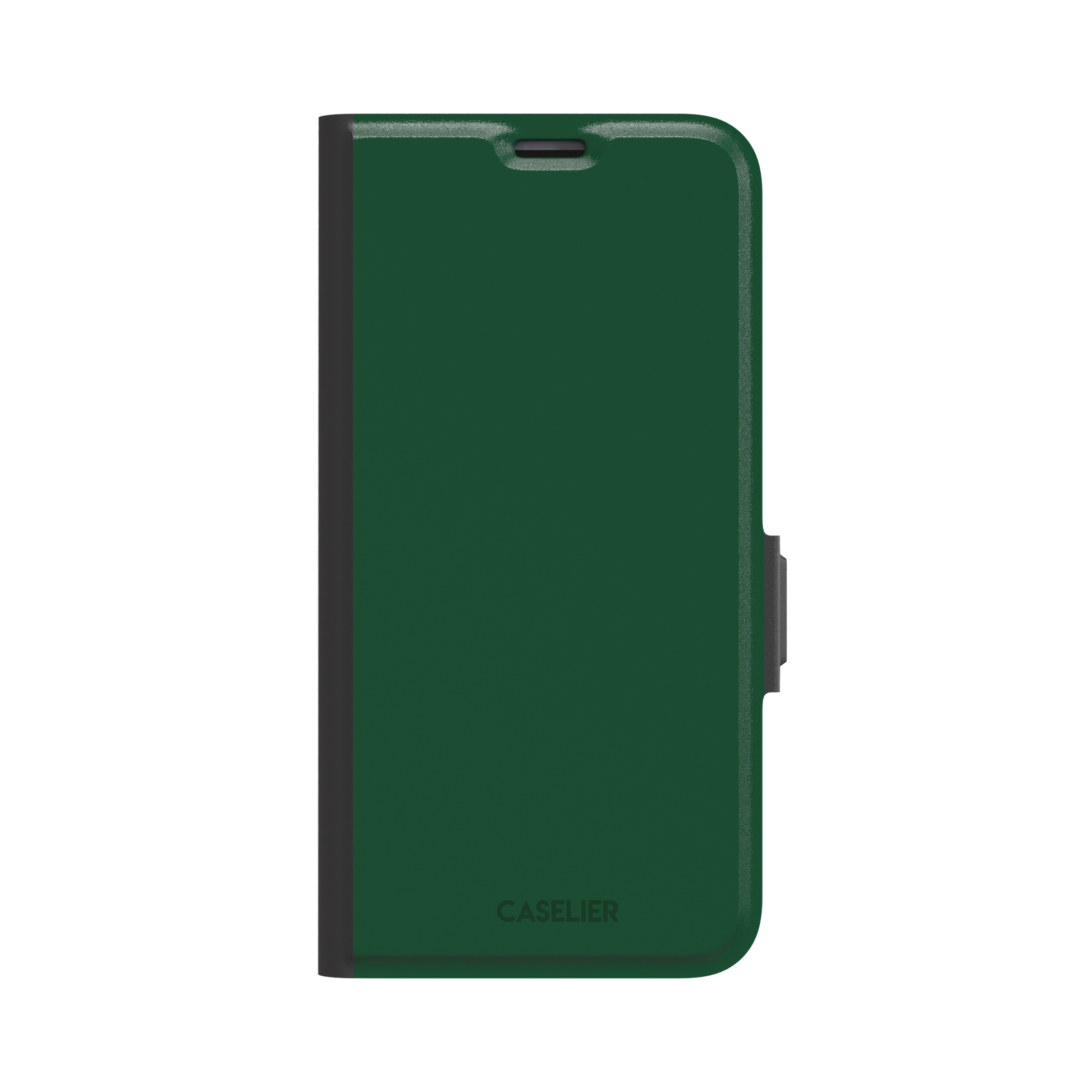Solid deep forest green color variant of the green phone case, front view on iPhone, phone case by Caselier — wallet case, front view
