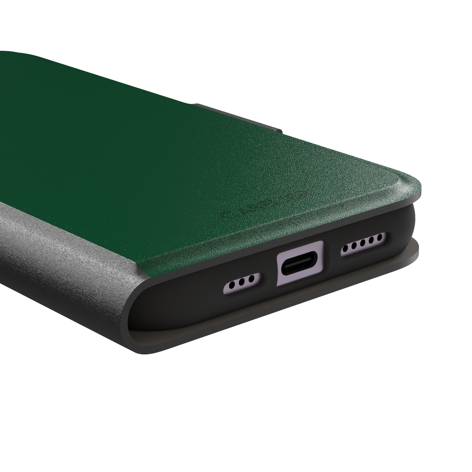 Solid deep forest green color variant of the green phone case, front view on iPhone, phone case by Caselier — wallet case, charging port detail