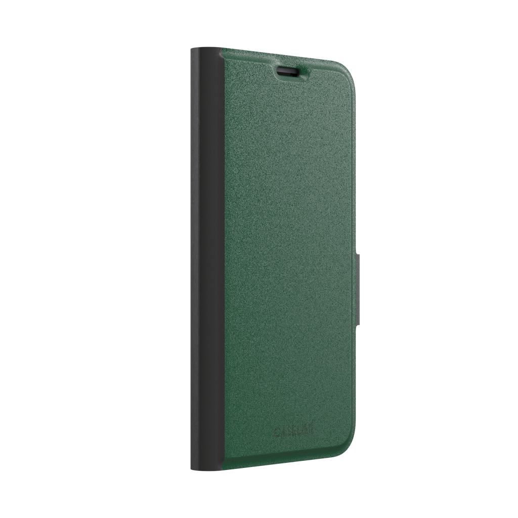 Solid deep forest green color variant of the green phone case, front view on iPhone, phone case by Caselier — wallet case, left view
