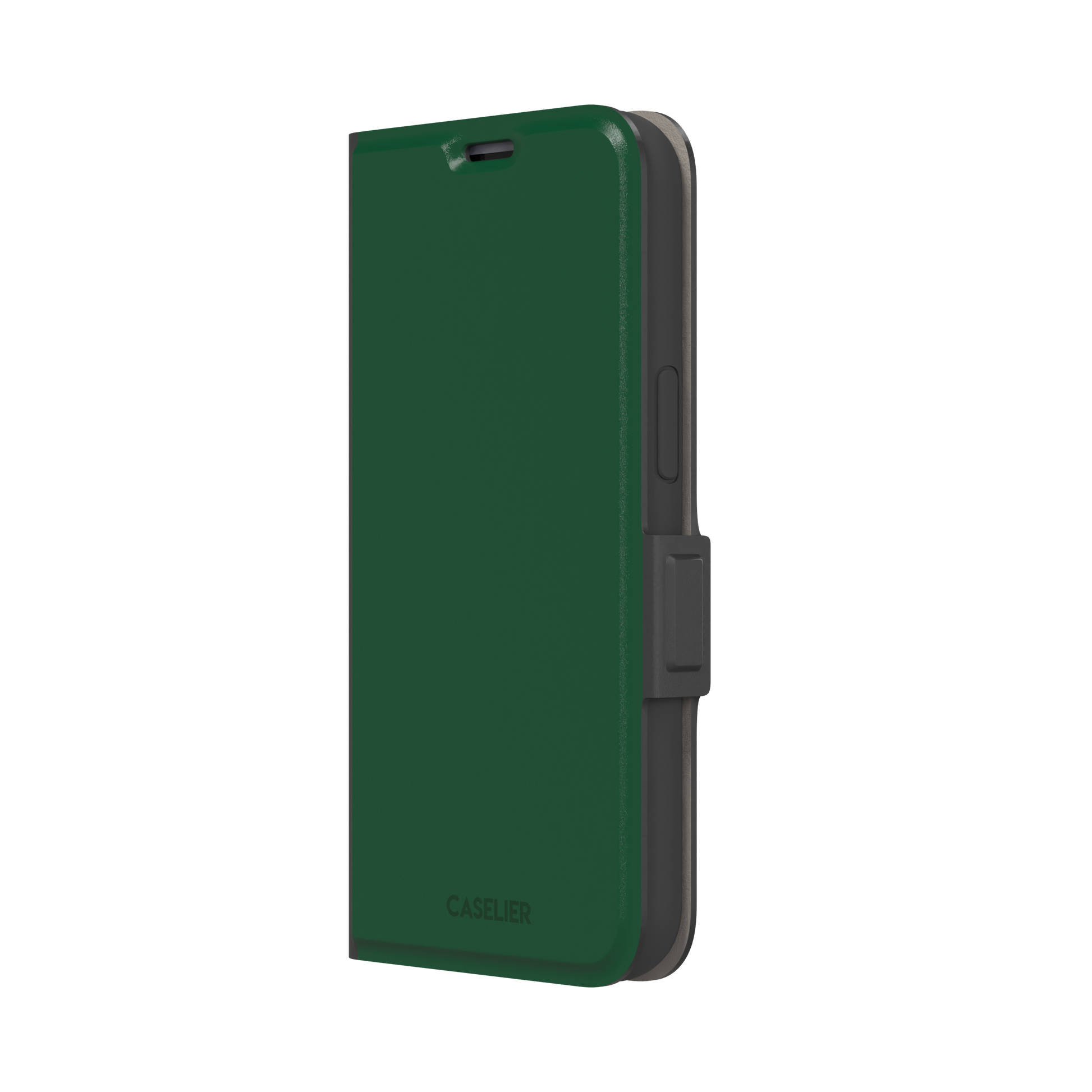 Solid deep forest green color variant of the green phone case, front view on iPhone, phone case by Caselier — wallet case, right view
