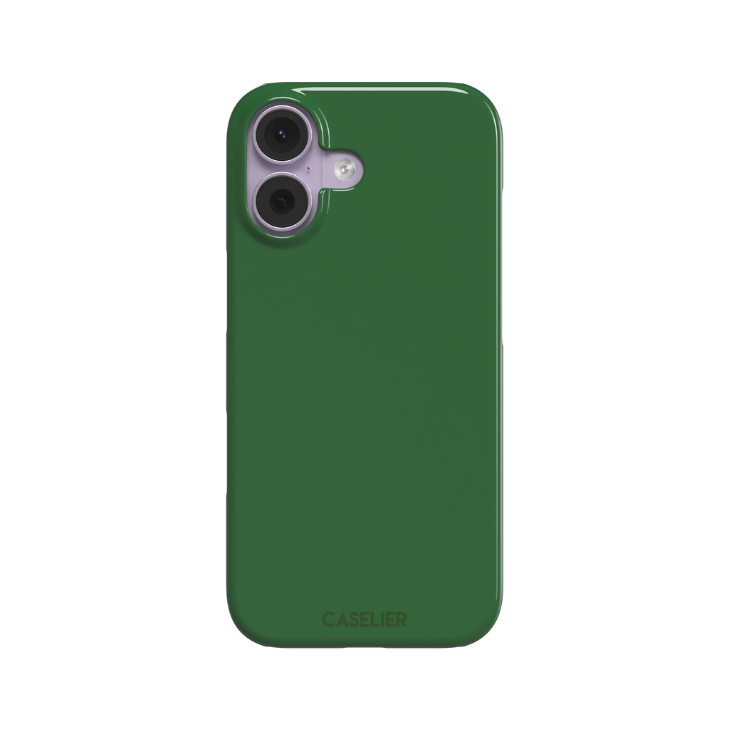 Solid rich dark green color variant of the green phone case, front view on iPhone, phone case by Caselier — snap case, front view