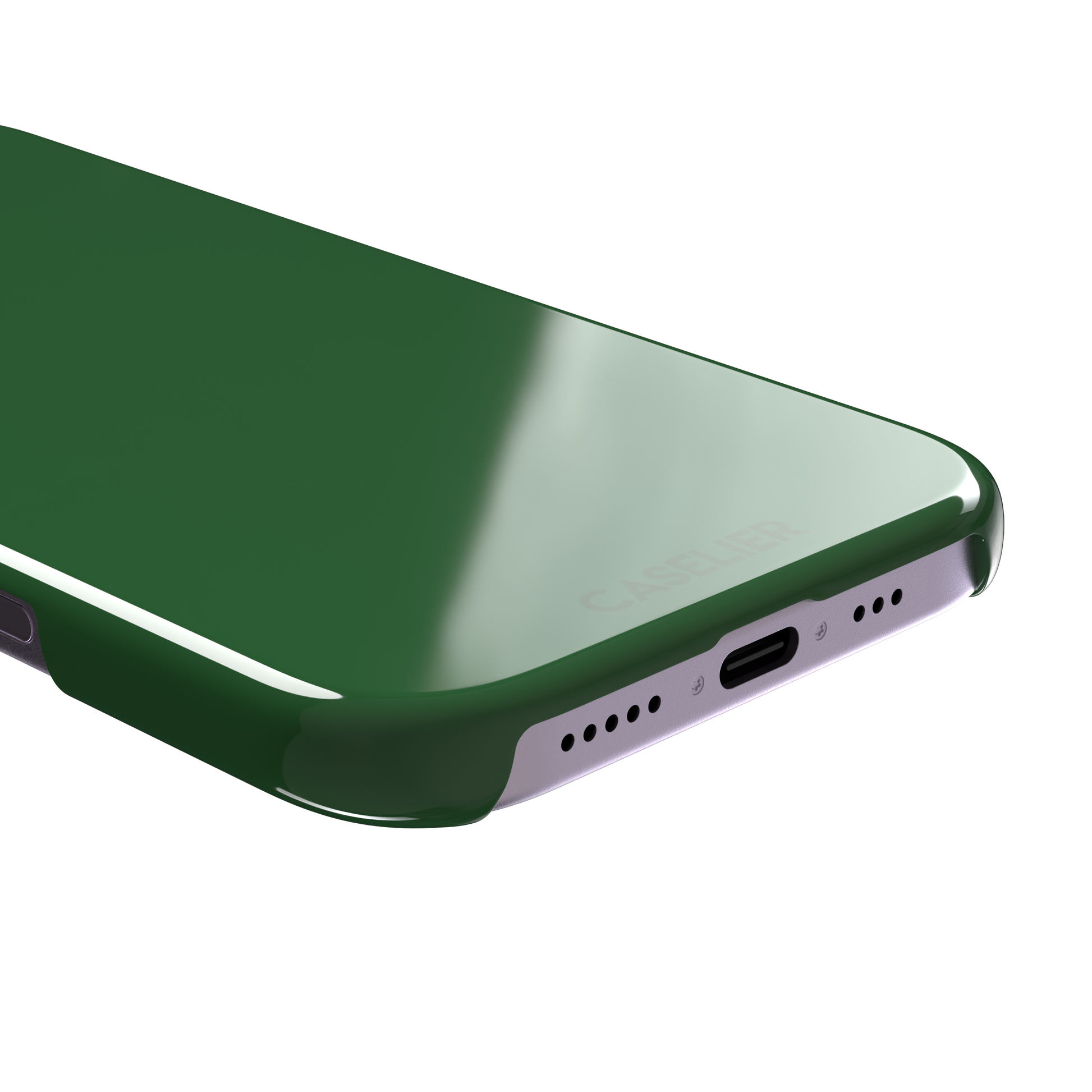 Solid rich dark green color variant of the green phone case, front view on iPhone, phone case by Caselier — snap case, charging port detail