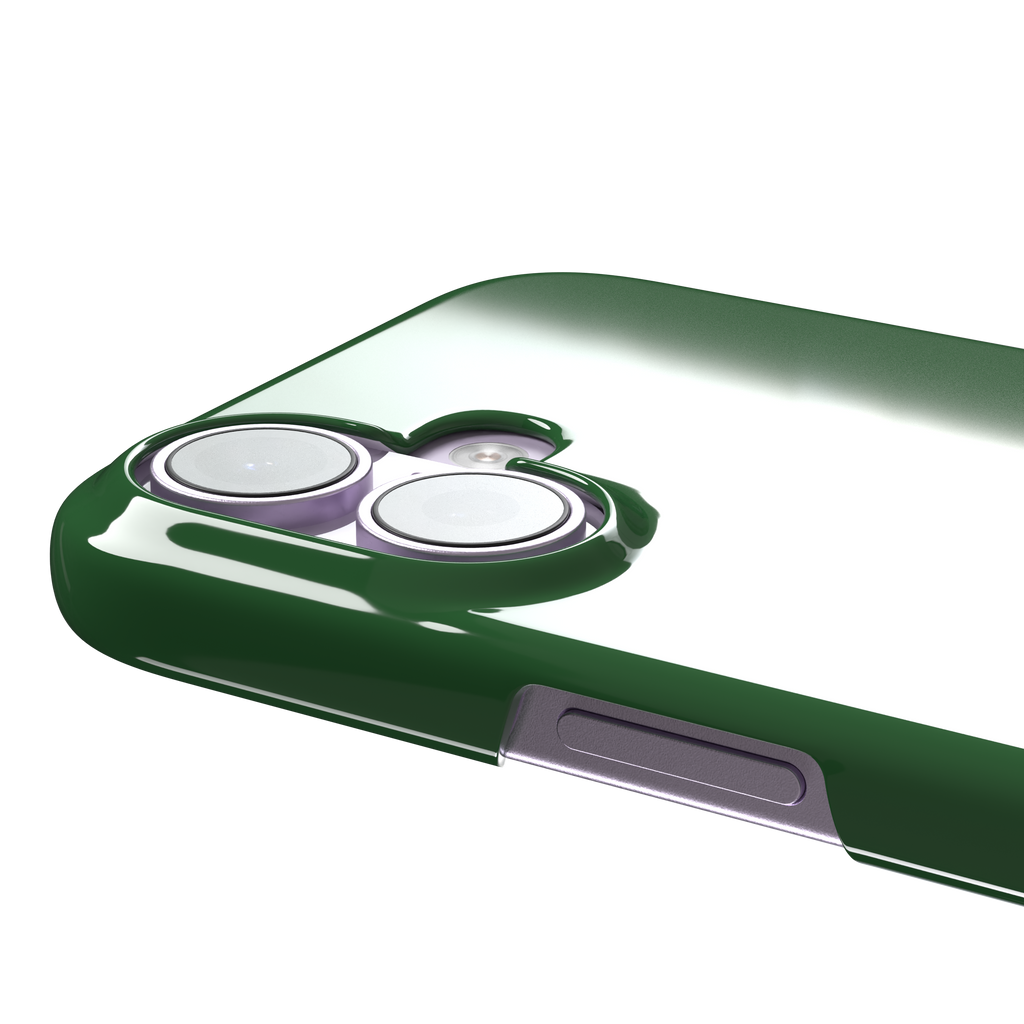 Solid rich dark green color variant of the green phone case, front view on iPhone, phone case by Caselier — snap case, volume buttons detail