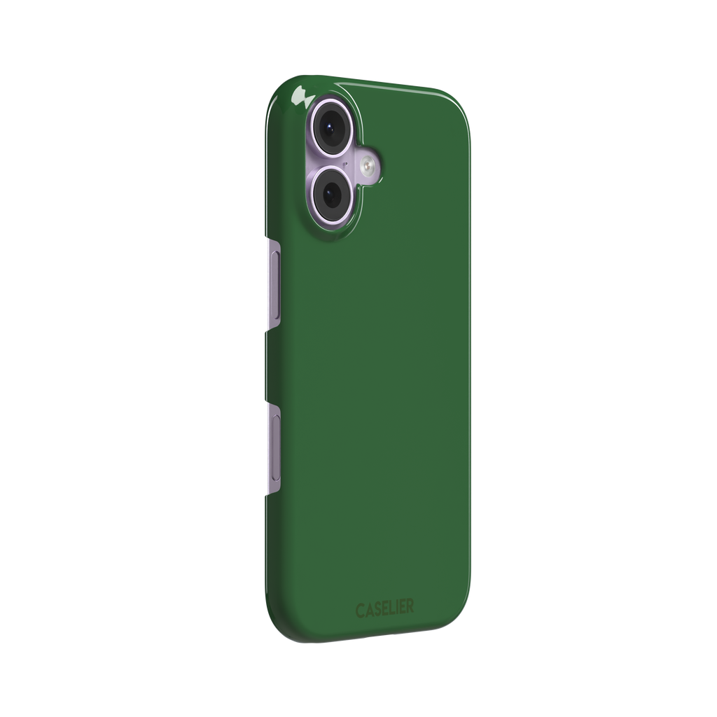 Solid rich dark green color variant of the green phone case, front view on iPhone, phone case by Caselier — snap case, left view