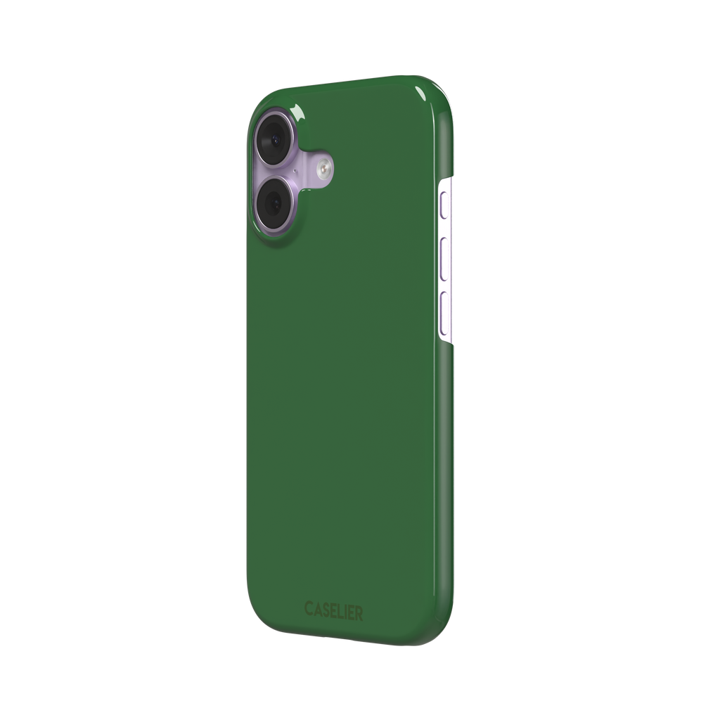Solid rich dark green color variant of the green phone case, front view on iPhone, phone case by Caselier — snap case, right view