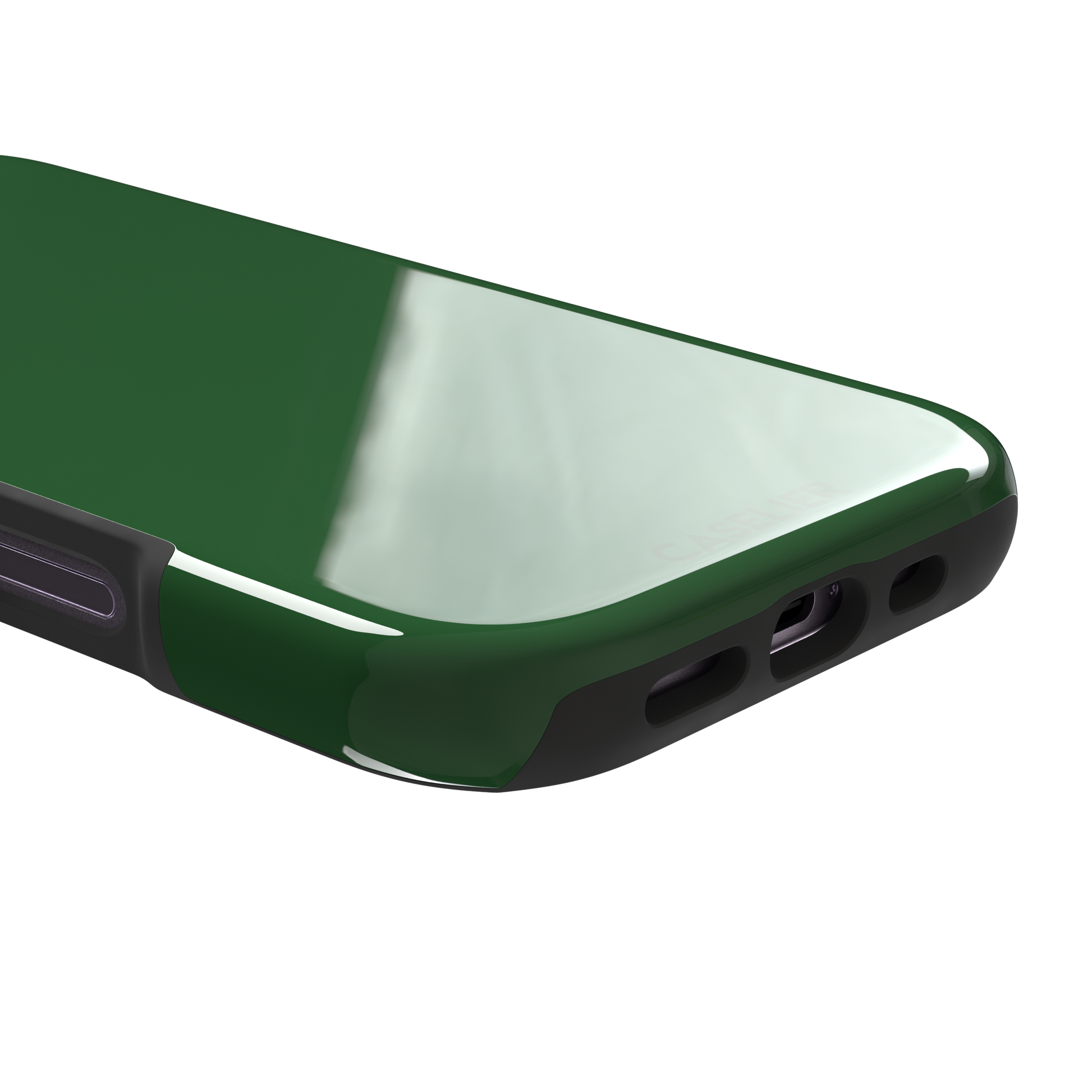 Solid rich dark green color variant of the green phone case, front view on iPhone, phone case by Caselier — tough case, charging port detail