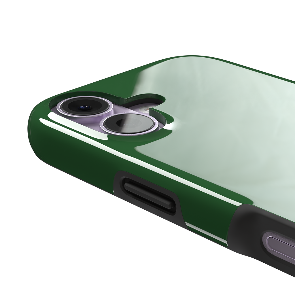 Solid rich dark green color variant of the green phone case, front view on iPhone, phone case by Caselier — tough case, volume buttons detail