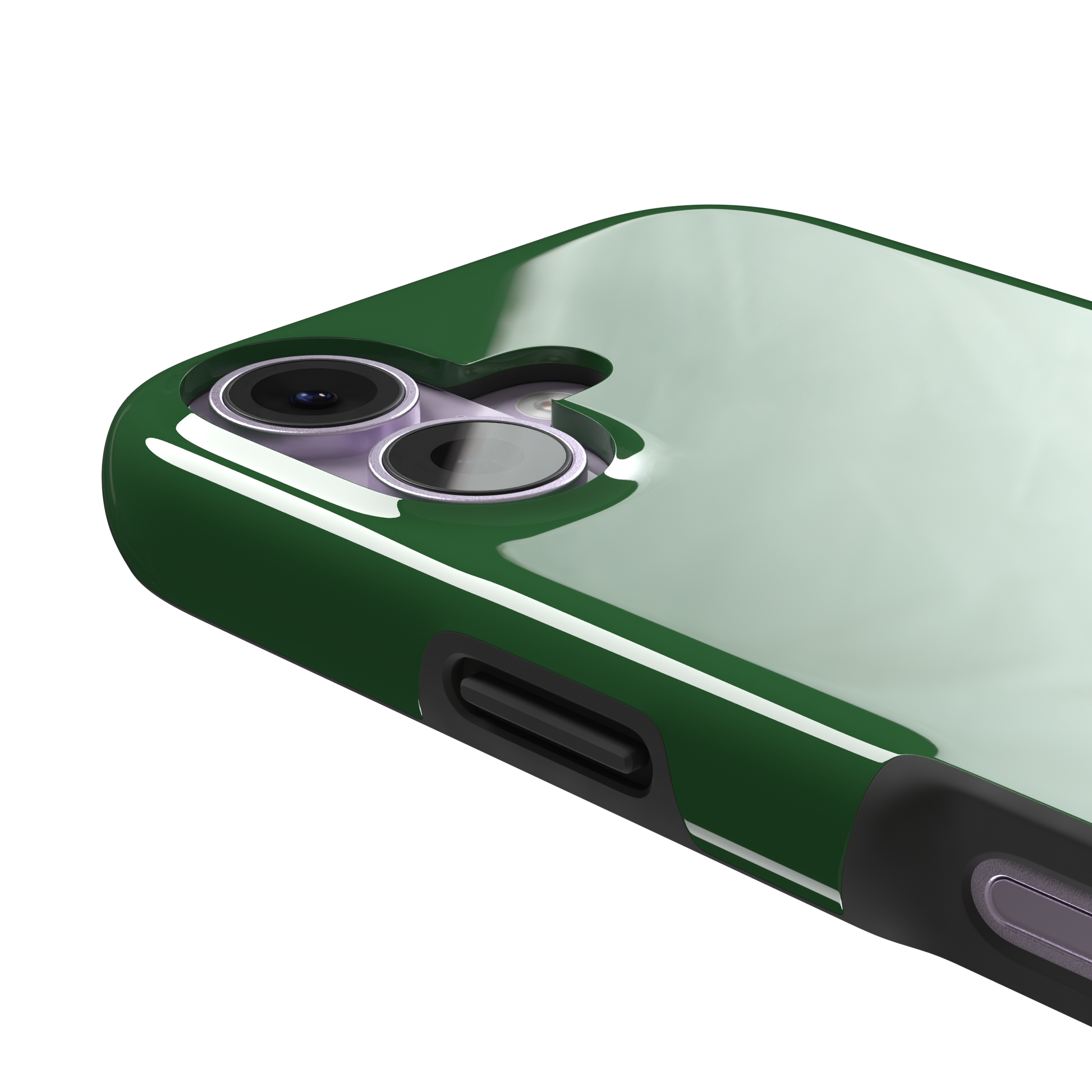 Solid rich dark green color variant of the green phone case, front view on iPhone, phone case by Caselier — tough case, volume buttons detail