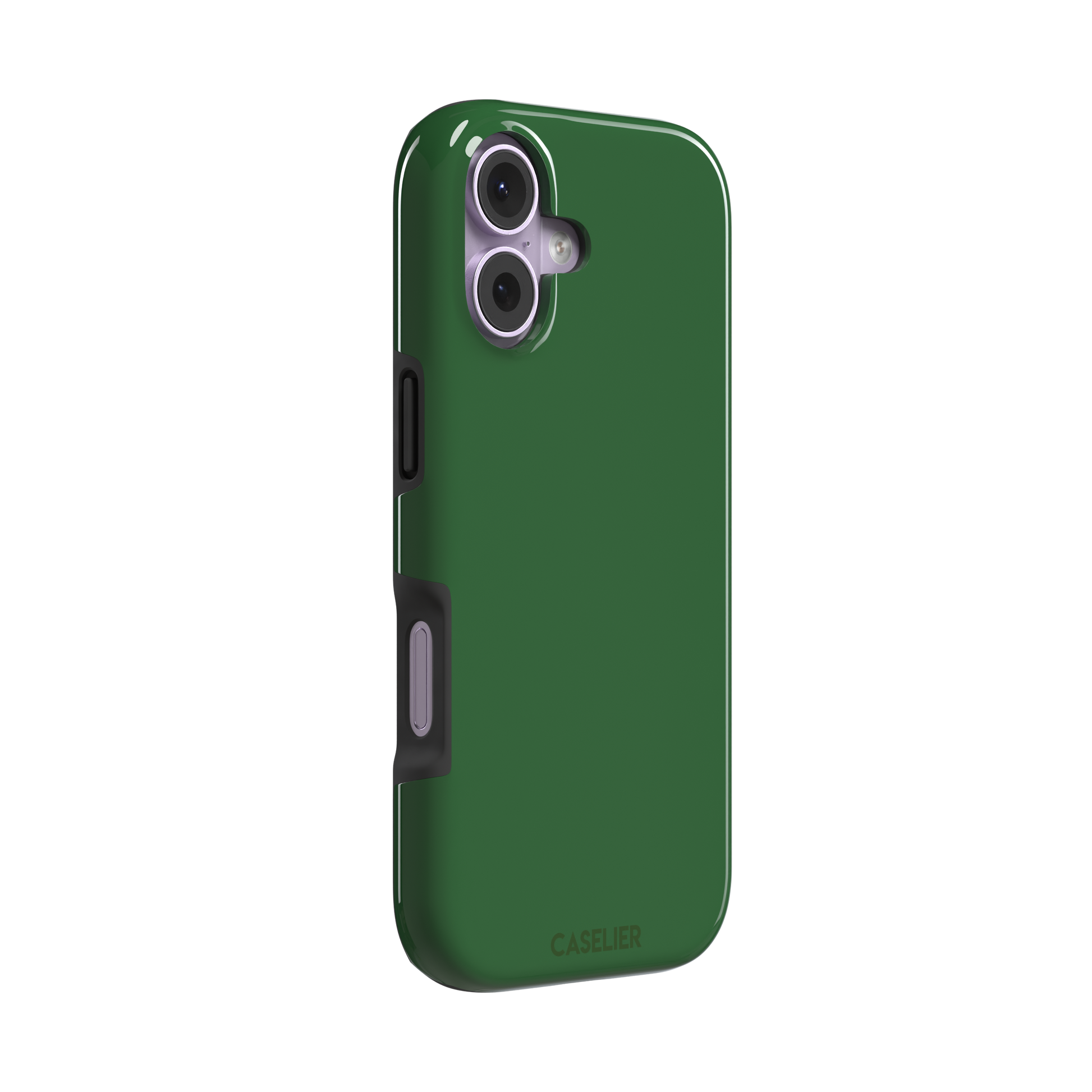 Solid rich dark green color variant of the green phone case, front view on iPhone, phone case by Caselier — tough case, left view