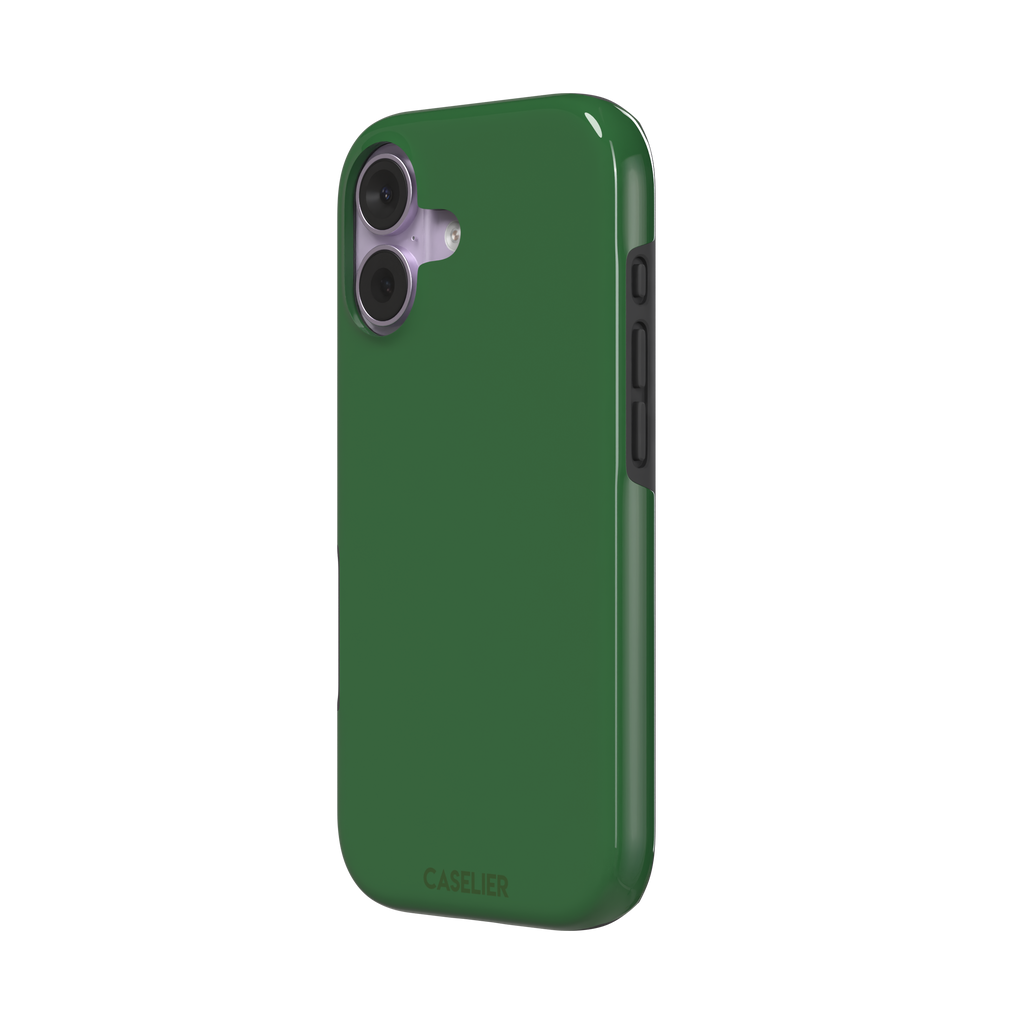 Solid rich dark green color variant of the green phone case, front view on iPhone, phone case by Caselier — tough case, right view