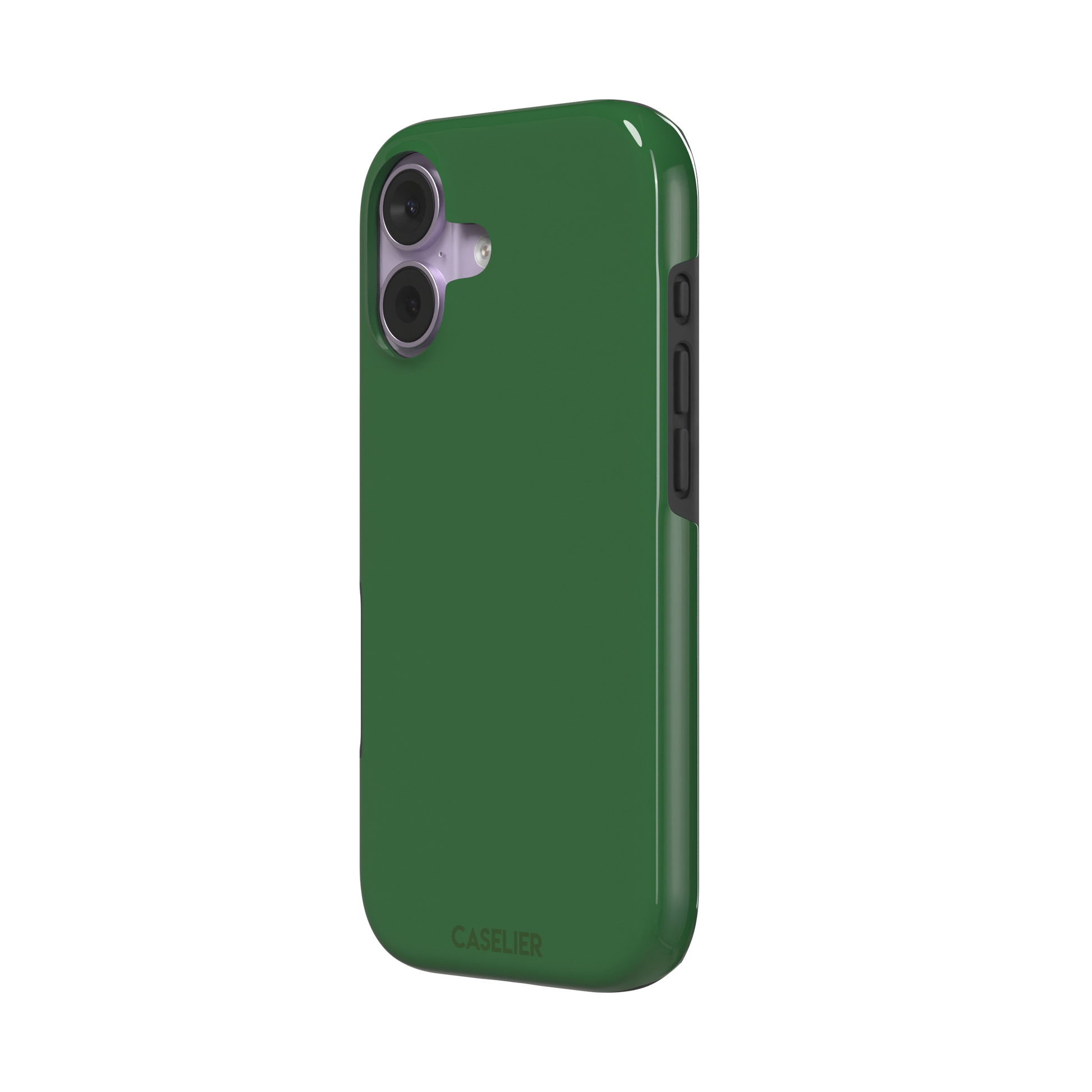 Solid rich dark green color variant of the green phone case, front view on iPhone, phone case by Caselier — tough case, right view