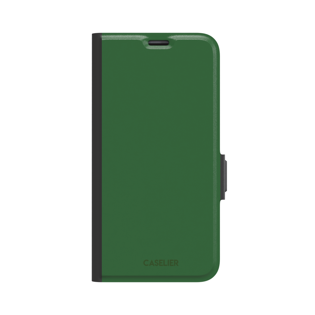 Solid rich dark green color variant of the green phone case, front view on iPhone, phone case by Caselier — wallet case, front view