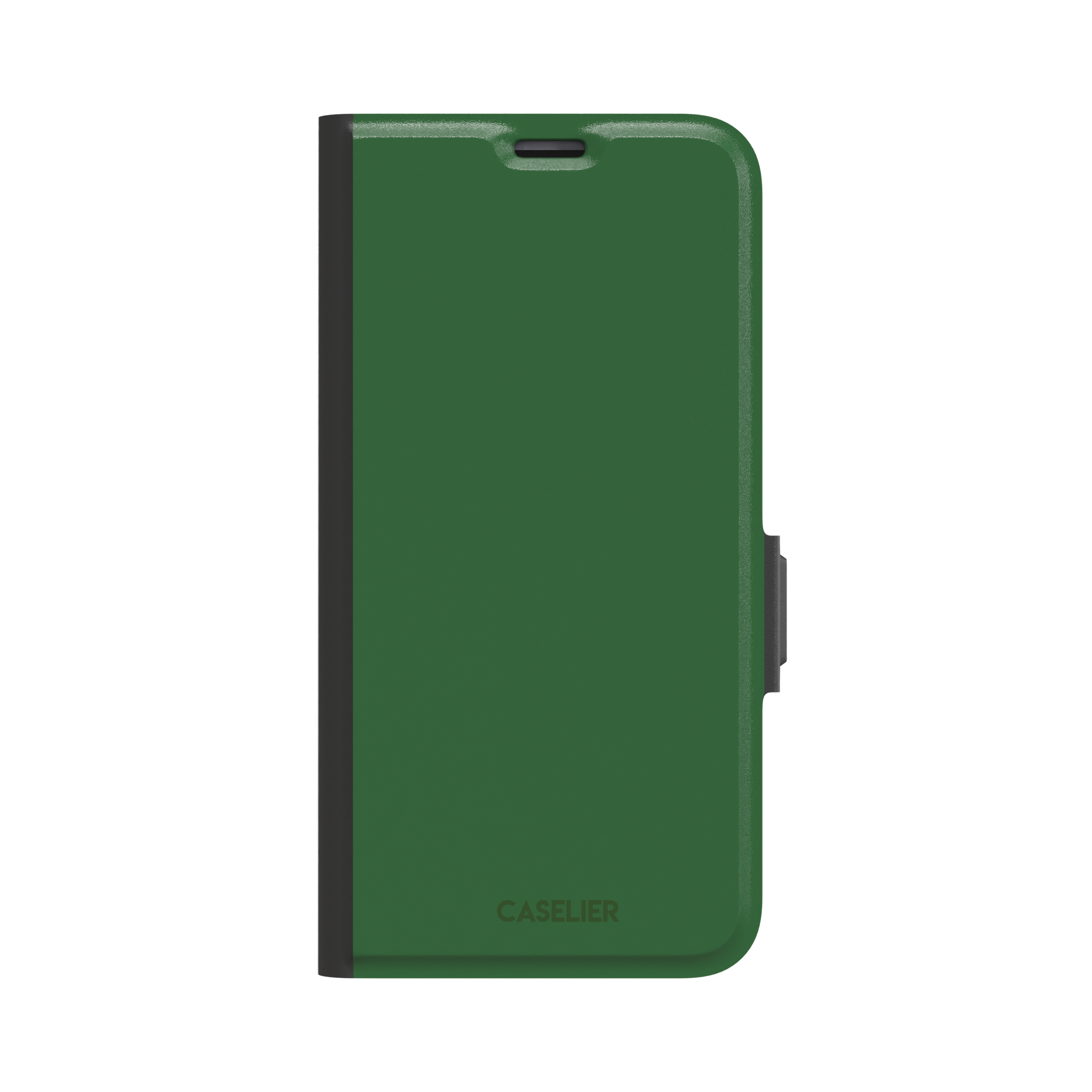 Solid rich dark green color variant of the green phone case, front view on iPhone, phone case by Caselier — wallet case, front view