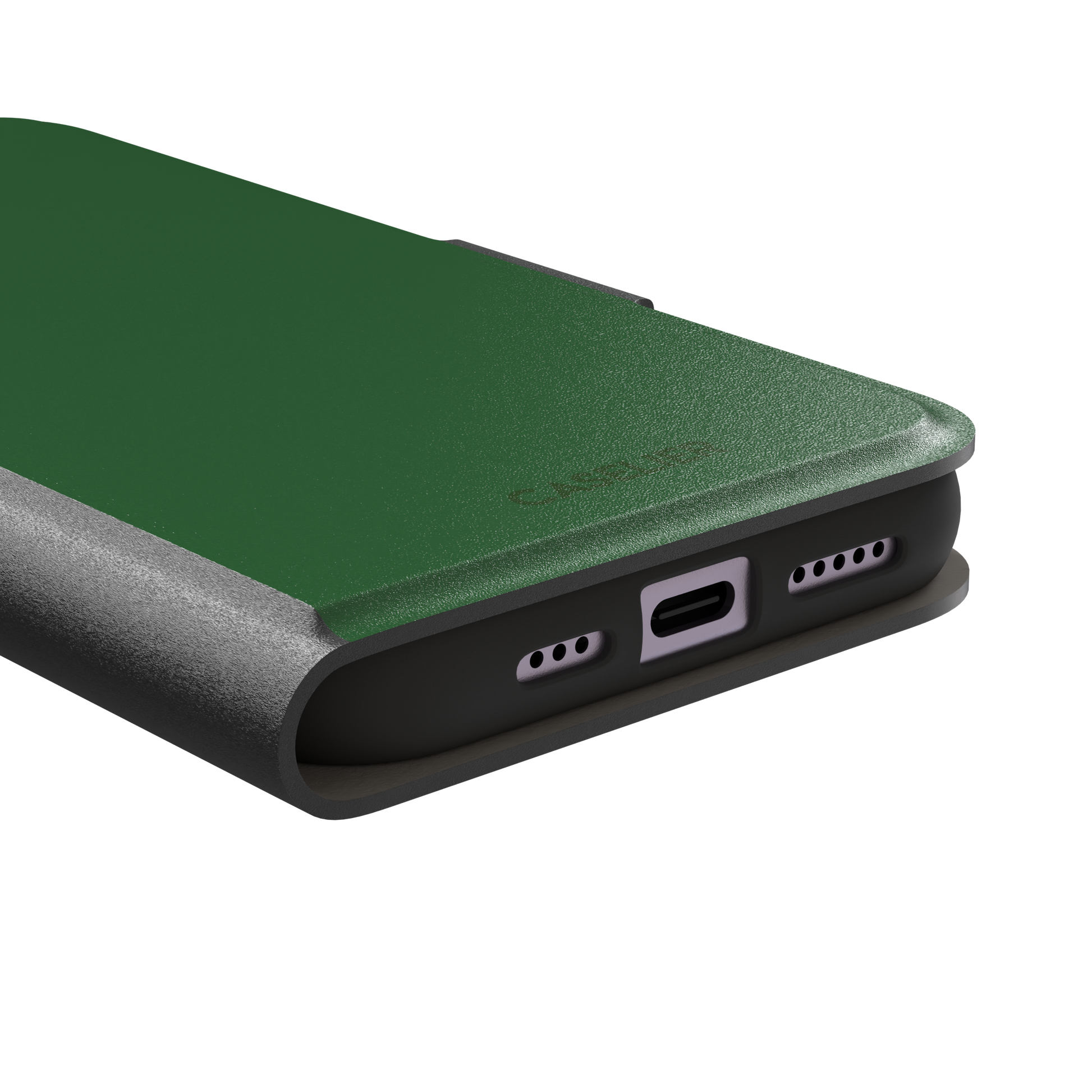 Solid rich dark green color variant of the green phone case, front view on iPhone, phone case by Caselier — wallet case, charging port detail