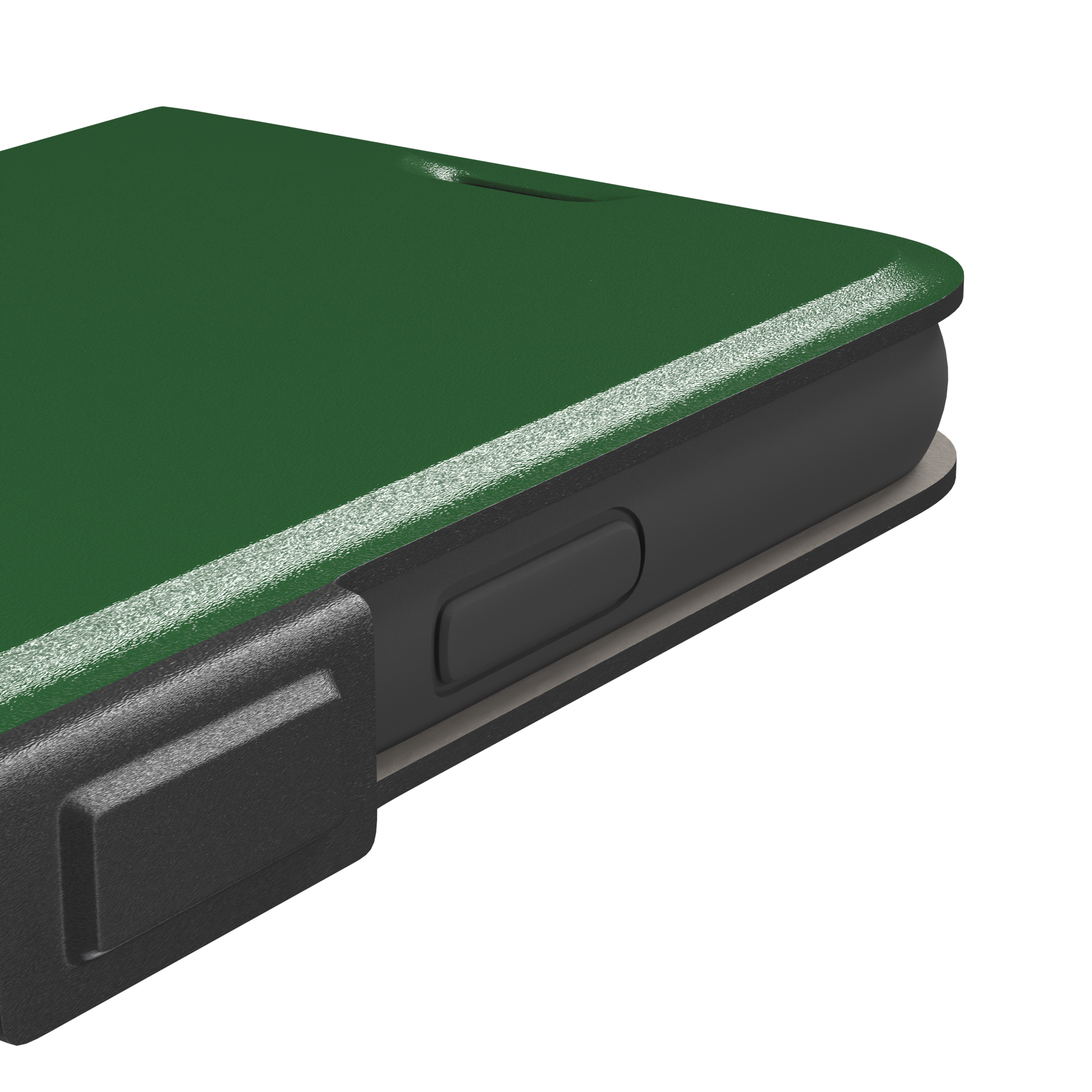 Solid rich dark green color variant of the green phone case, front view on iPhone, phone case by Caselier — wallet case, volume buttons detail