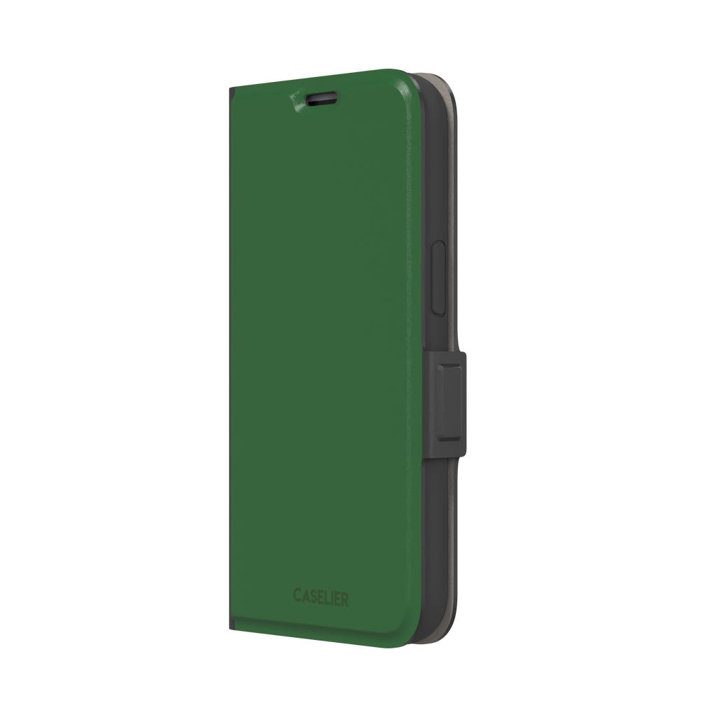 Solid rich dark green color variant of the green phone case, front view on iPhone, phone case by Caselier — wallet case, right view
