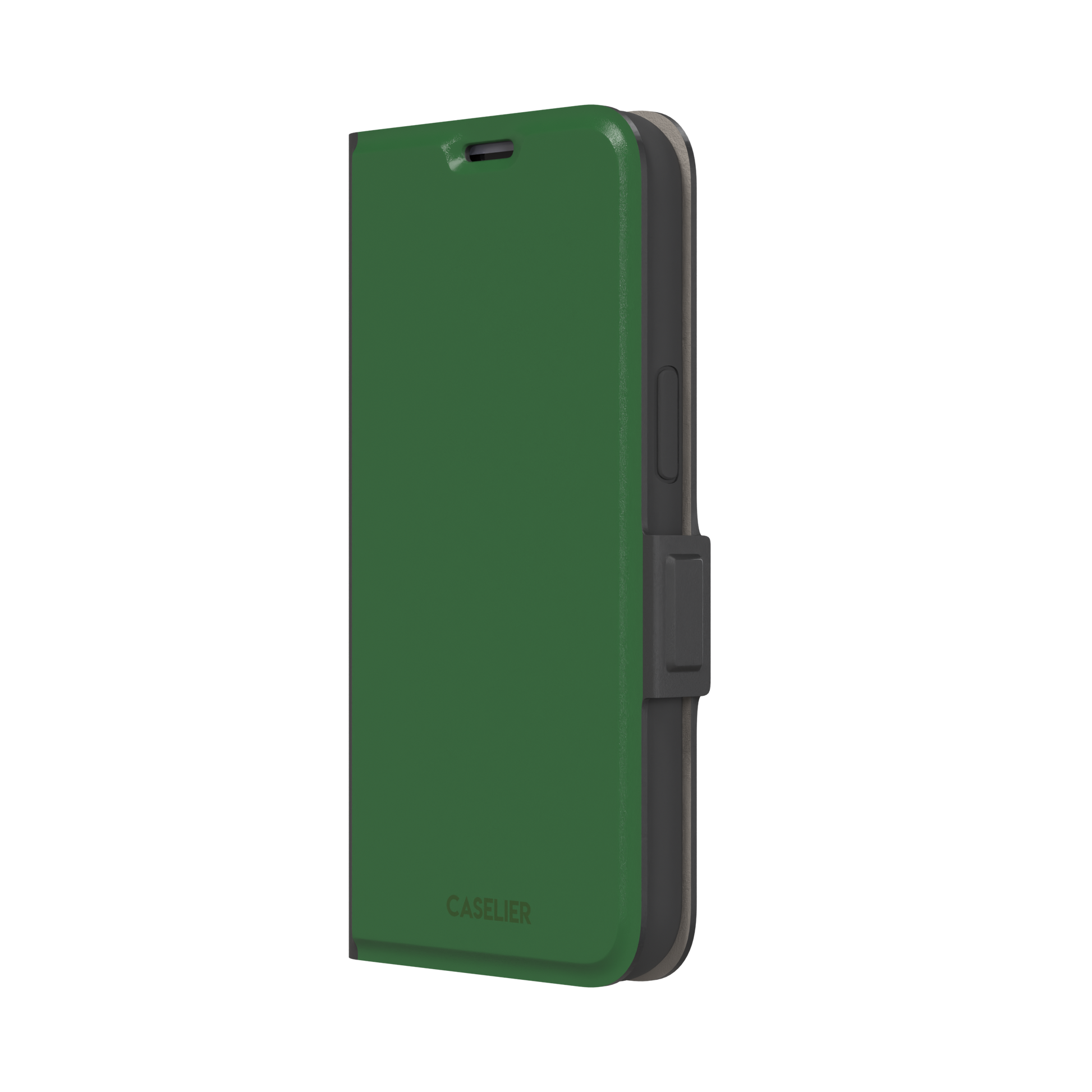 Solid rich dark green color variant of the green phone case, front view on iPhone, phone case by Caselier — wallet case, right view