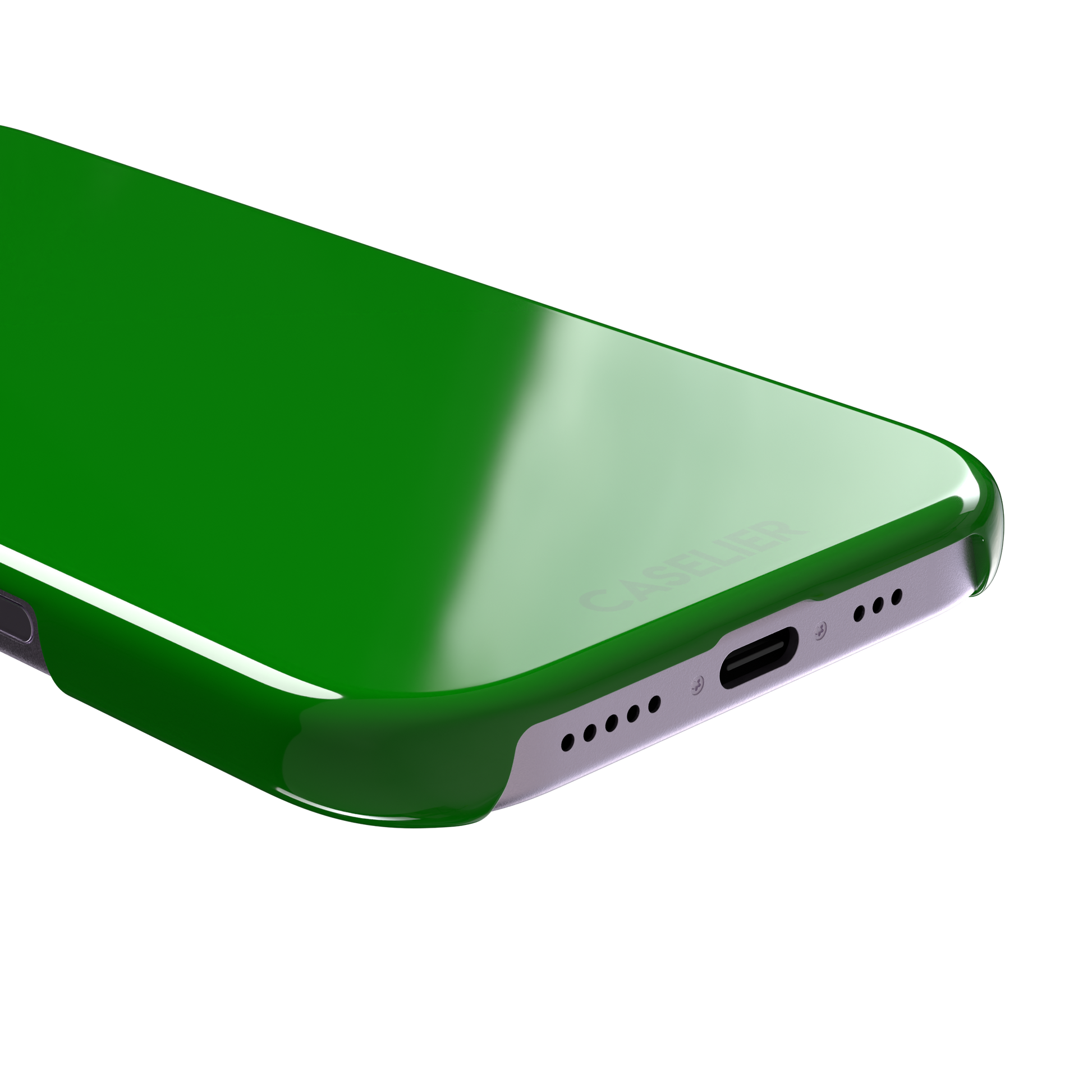 Solid vivid kelly green color variant of the green phone case, front view on iPhone, phone case by Caselier — snap case, charging port detail