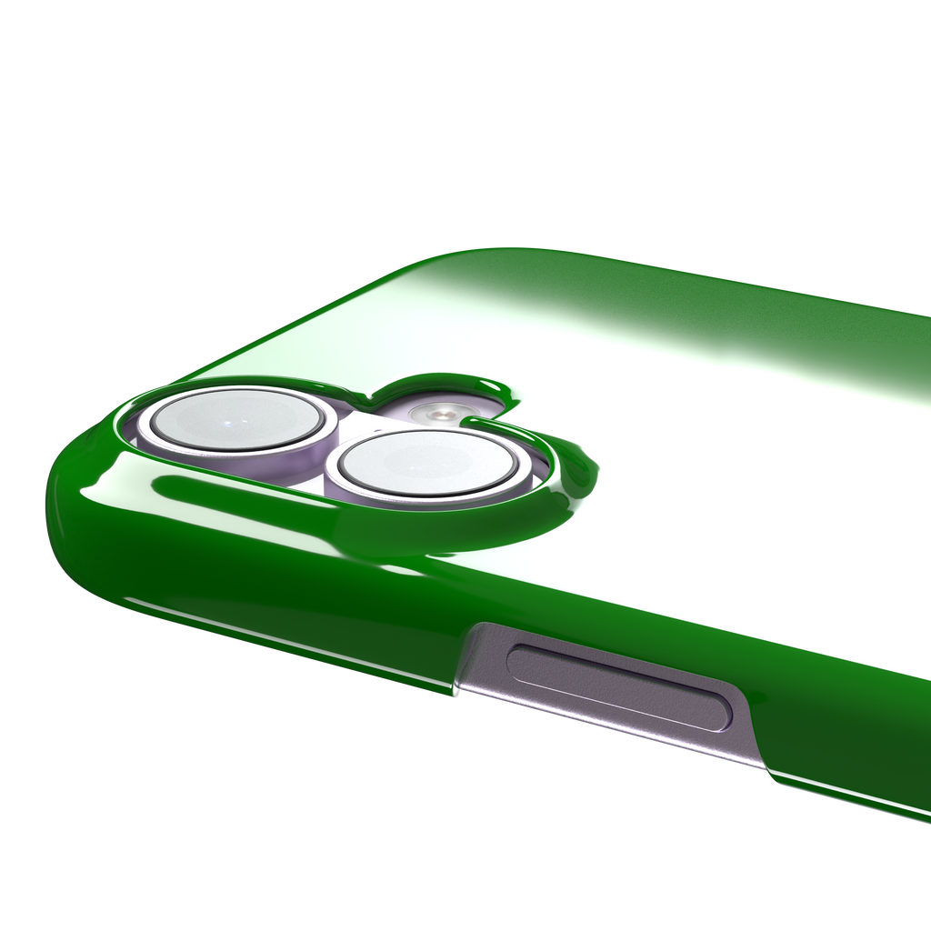 Solid vivid kelly green color variant of the green phone case, front view on iPhone, phone case by Caselier — snap case, volume buttons detail