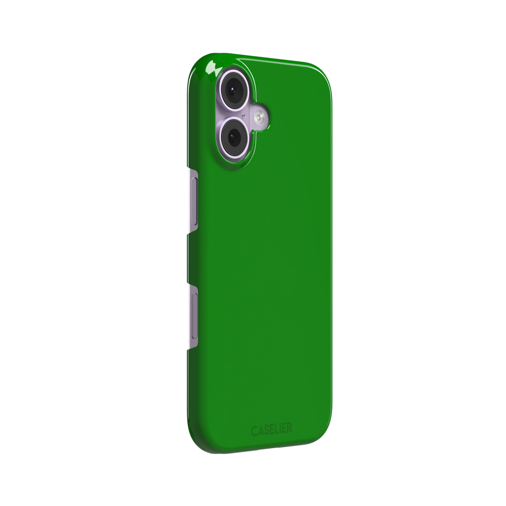 Solid vivid kelly green color variant of the green phone case, front view on iPhone, phone case by Caselier — snap case, left view