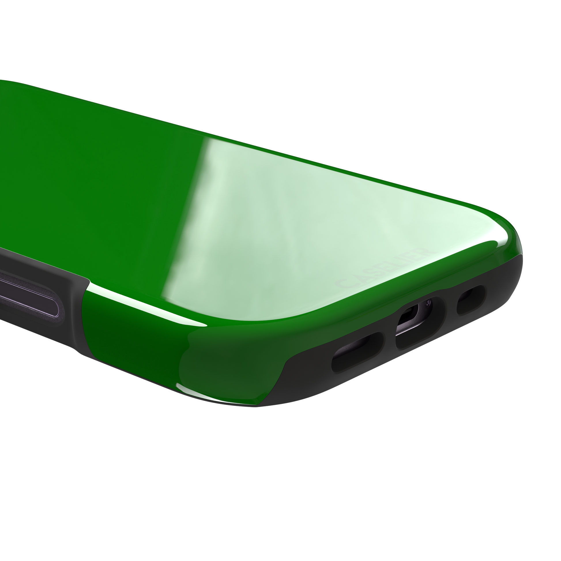 Solid vivid kelly green color variant of the green phone case, front view on iPhone, phone case by Caselier — tough case, charging port detail