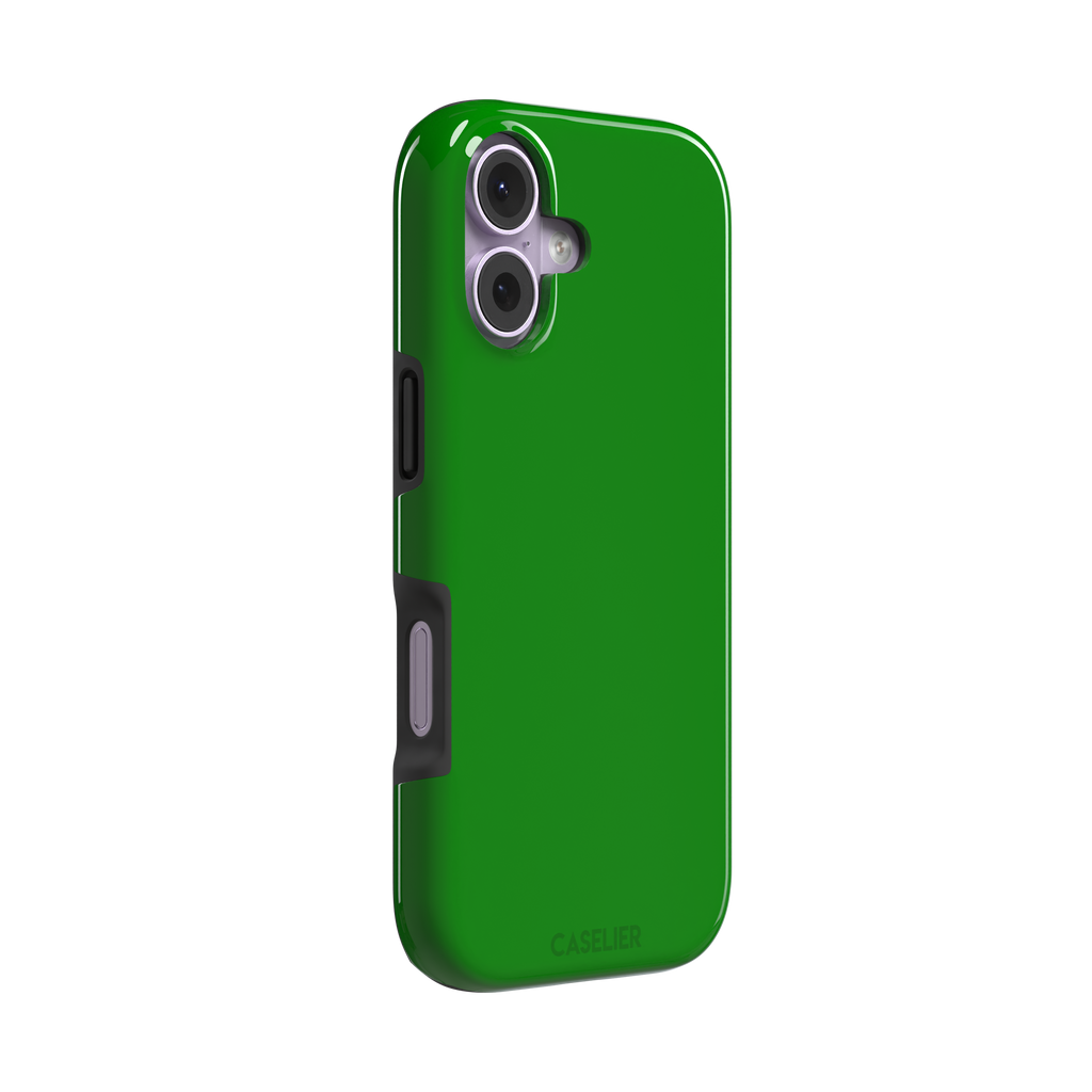Solid vivid kelly green color variant of the green phone case, front view on iPhone, phone case by Caselier — tough case, left view