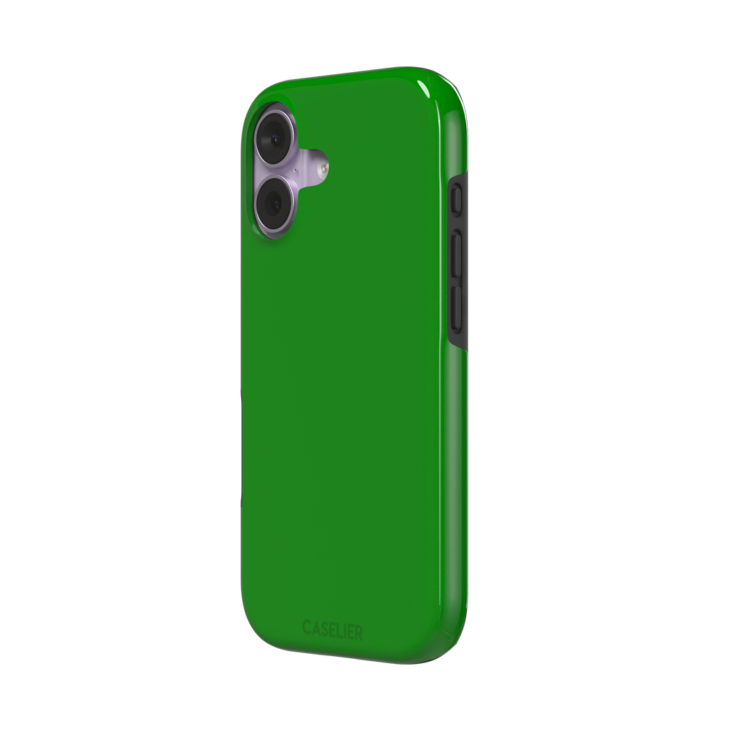 Solid vivid kelly green color variant of the green phone case, front view on iPhone, phone case by Caselier — tough case, right view