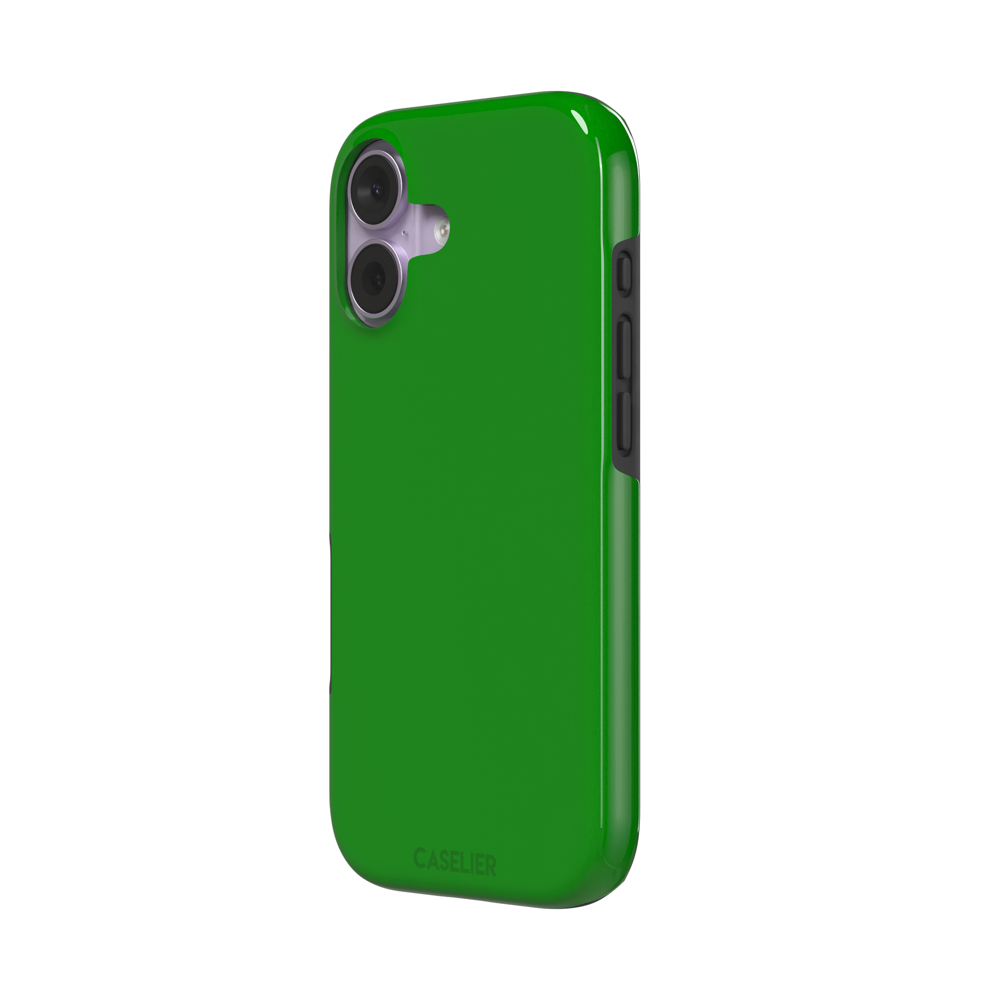 Solid vivid kelly green color variant of the green phone case, front view on iPhone, phone case by Caselier — tough case, right view