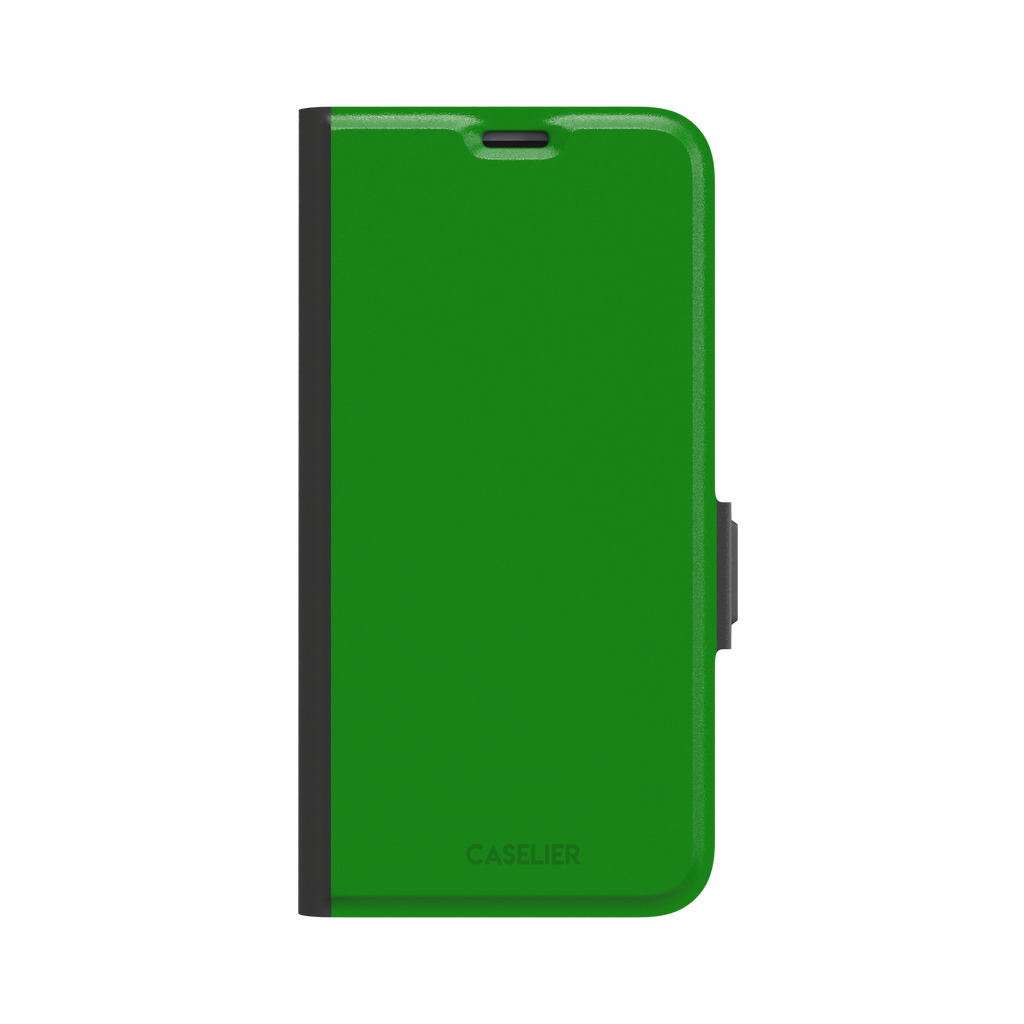 Solid vivid kelly green color variant of the green phone case, front view on iPhone, phone case by Caselier — wallet case, front view