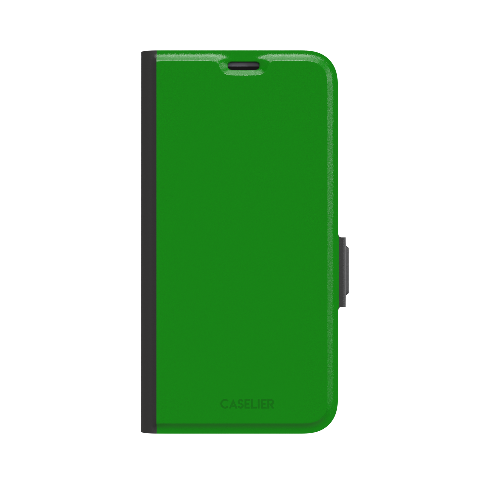 Solid vivid kelly green color variant of the green phone case, front view on iPhone, phone case by Caselier — wallet case, front view