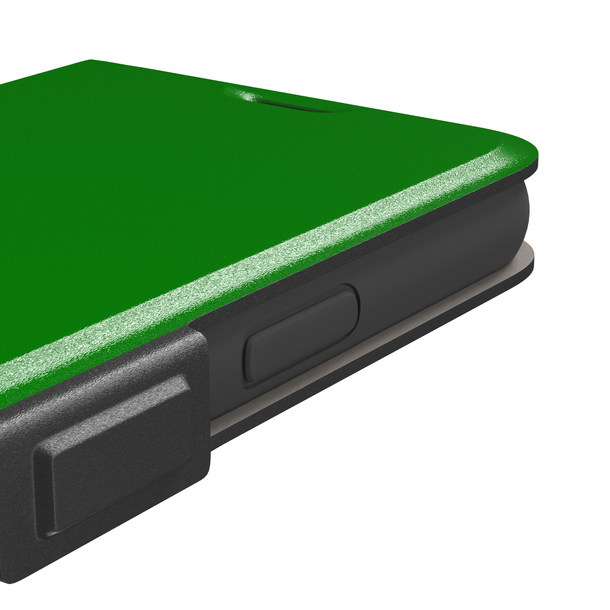 Solid vivid kelly green color variant of the green phone case, front view on iPhone, phone case by Caselier — wallet case, volume buttons detail