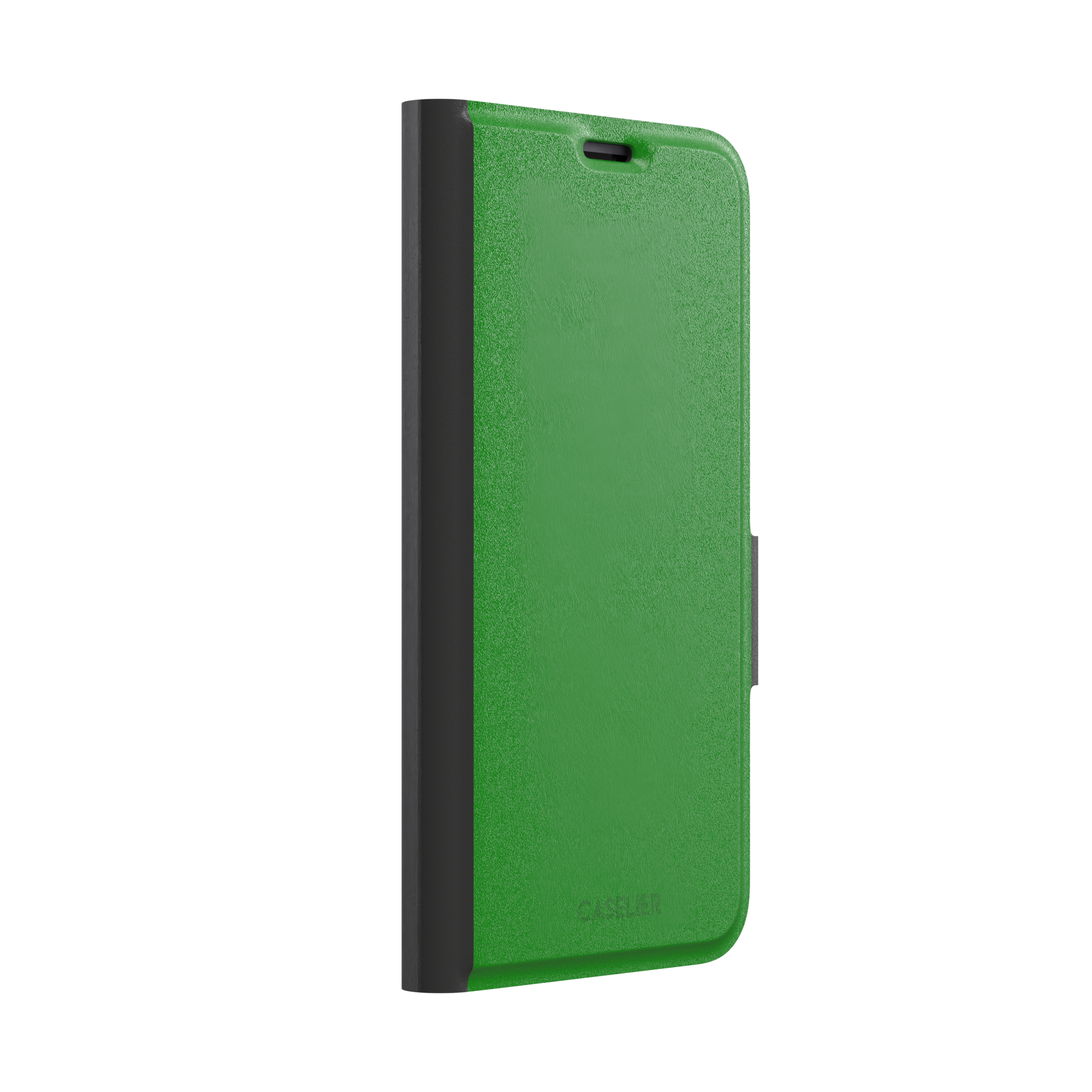 Solid vivid kelly green color variant of the green phone case, front view on iPhone, phone case by Caselier — wallet case, left view
