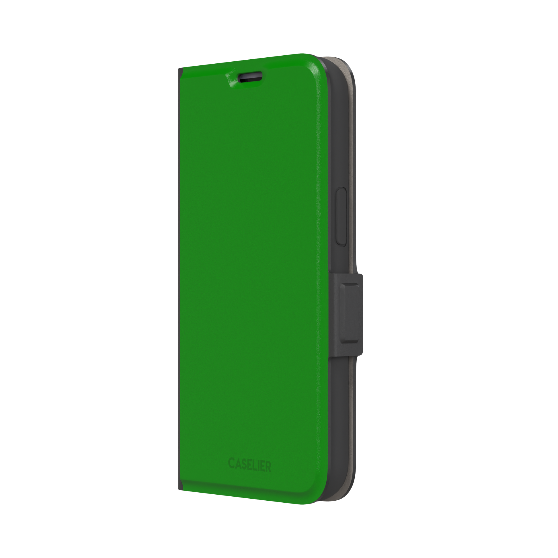 Solid vivid kelly green color variant of the green phone case, front view on iPhone, phone case by Caselier — wallet case, right view